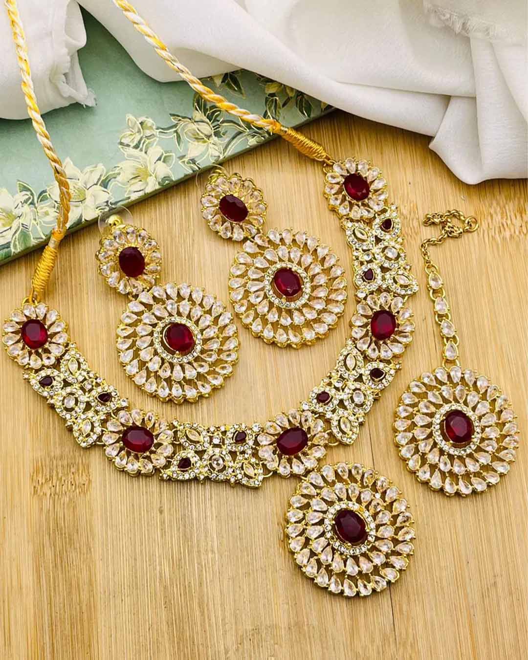 Rose Zarcon Necklace set with Tika-2286-Golden Nayab Jewellery