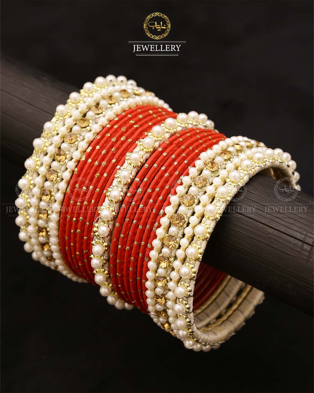 Bridal Pearl Rhinestone Dotted Bangles Set-2705 Nayab Jewellery
