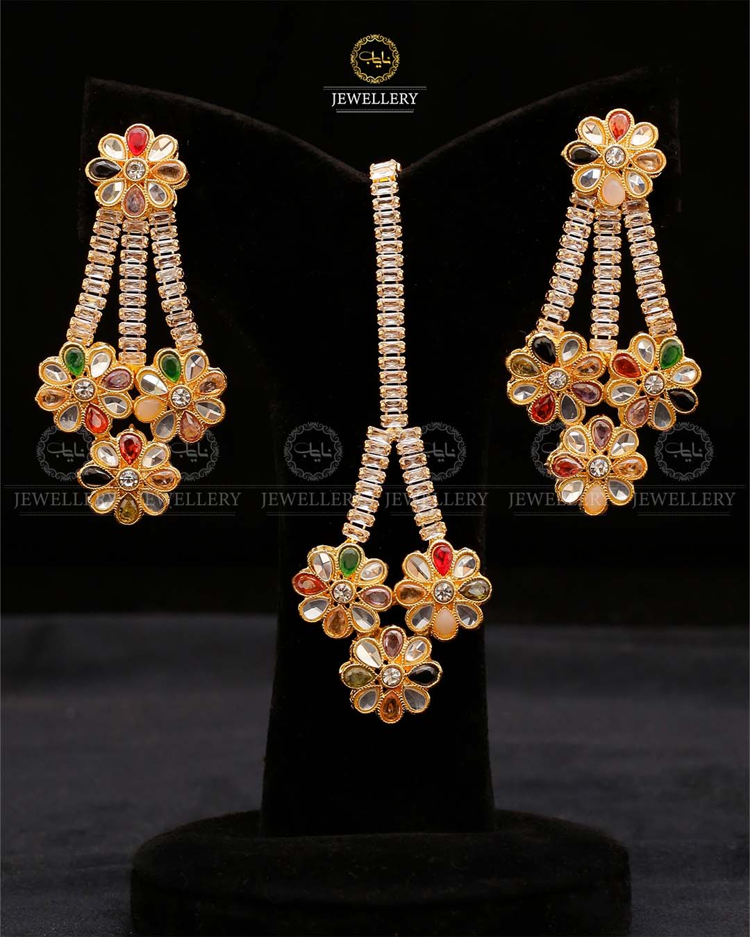 Zirconia Eariings Tika set-2571-Golden Nayab Jewellery