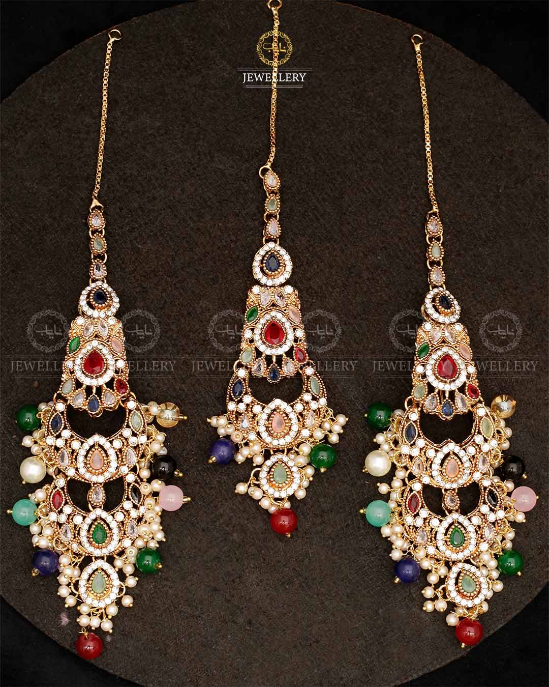 Double Baali Earrings Tika set-2564-Golden Nayab Jewellery