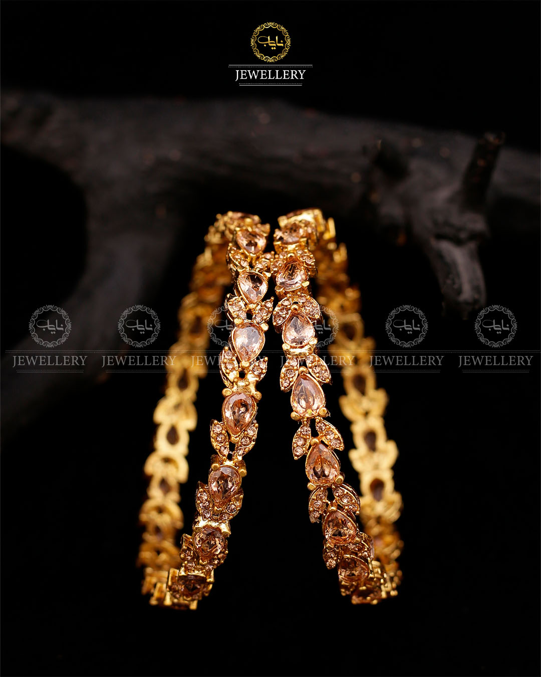 Zirconia Almond Bangles (pair)-2597-Golden Champagne Nayab Jewellery