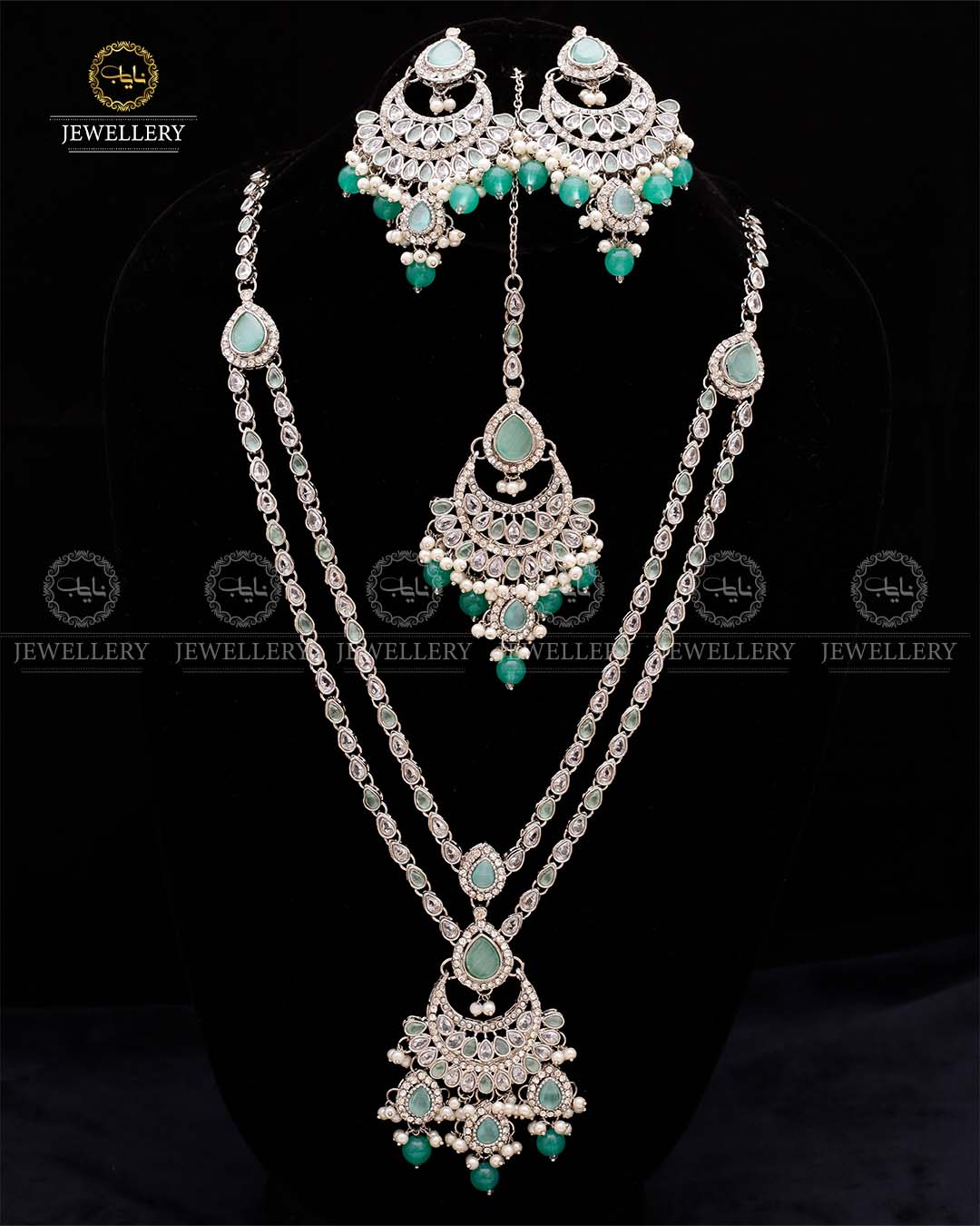 Zirconia 2 layers Bridal Mala with Baali Tika-2629-Silver Nayab Jewellery