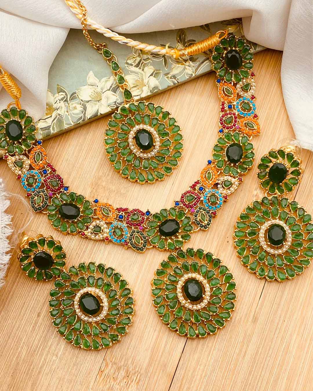 Rose Zarcon Necklace set with Tika-2286-Golden Nayab Jewellery