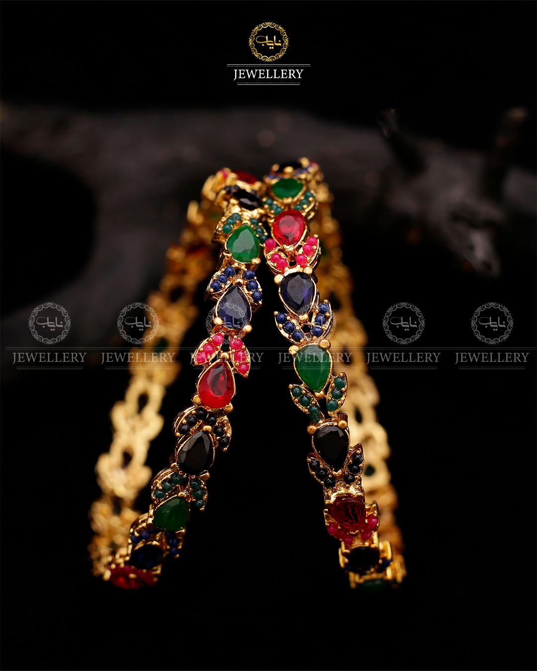 Zirconia Almond Bangles (pair)-2597-Golden-Multi Nayab Jewellery