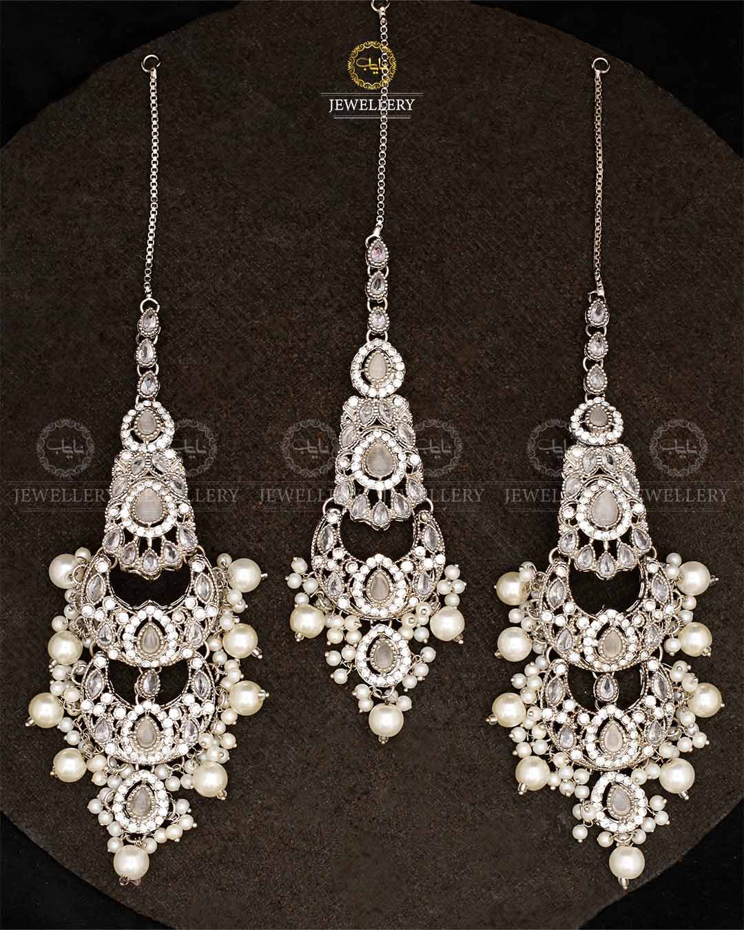 Double Baali Earrings Tika set-2564-Silver Nayab Jewellery