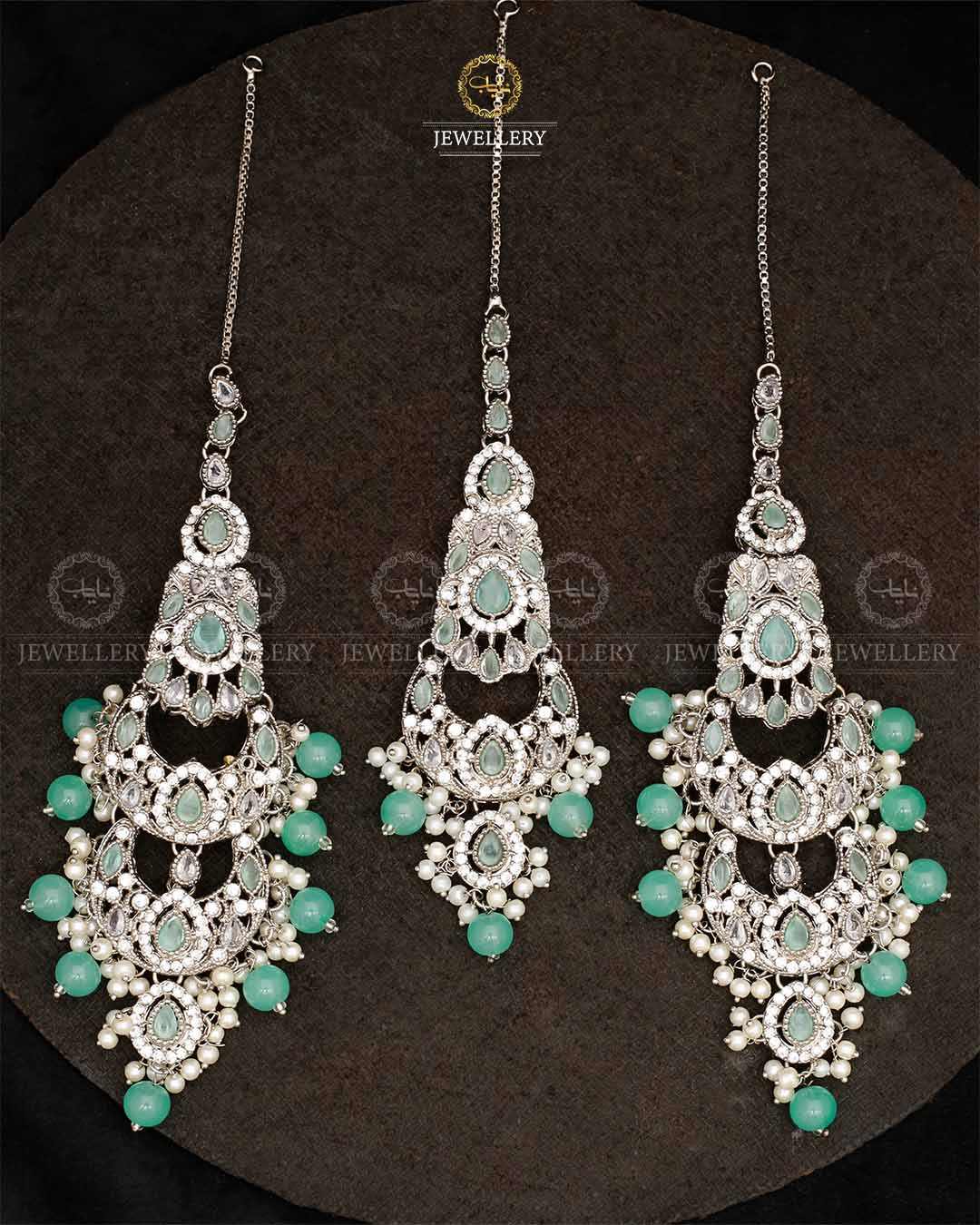 Double Baali Earrings Tika set-2564-Silver Nayab Jewellery