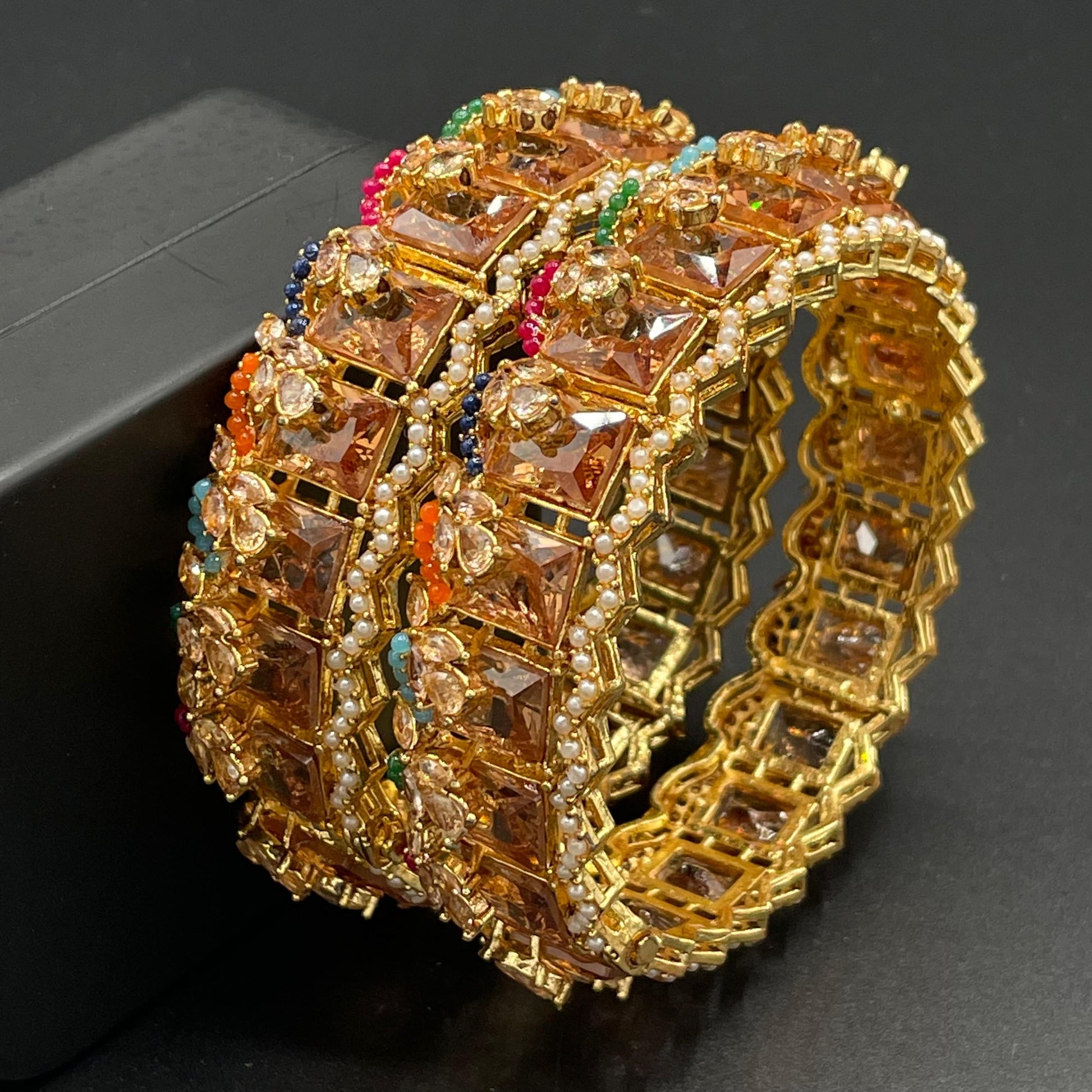 Turkish Square Stone Openable Bangles (pair)-2460-Golden Nayab Jewellery