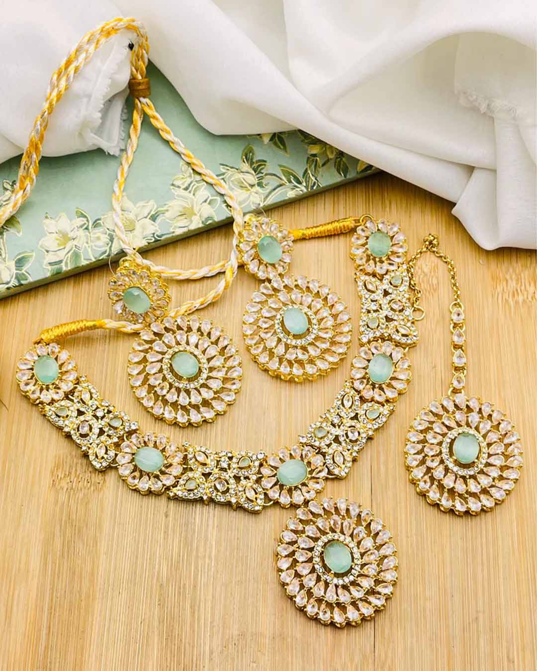 Rose Zarcon Necklace set with Tika-2286-Golden Nayab Jewellery