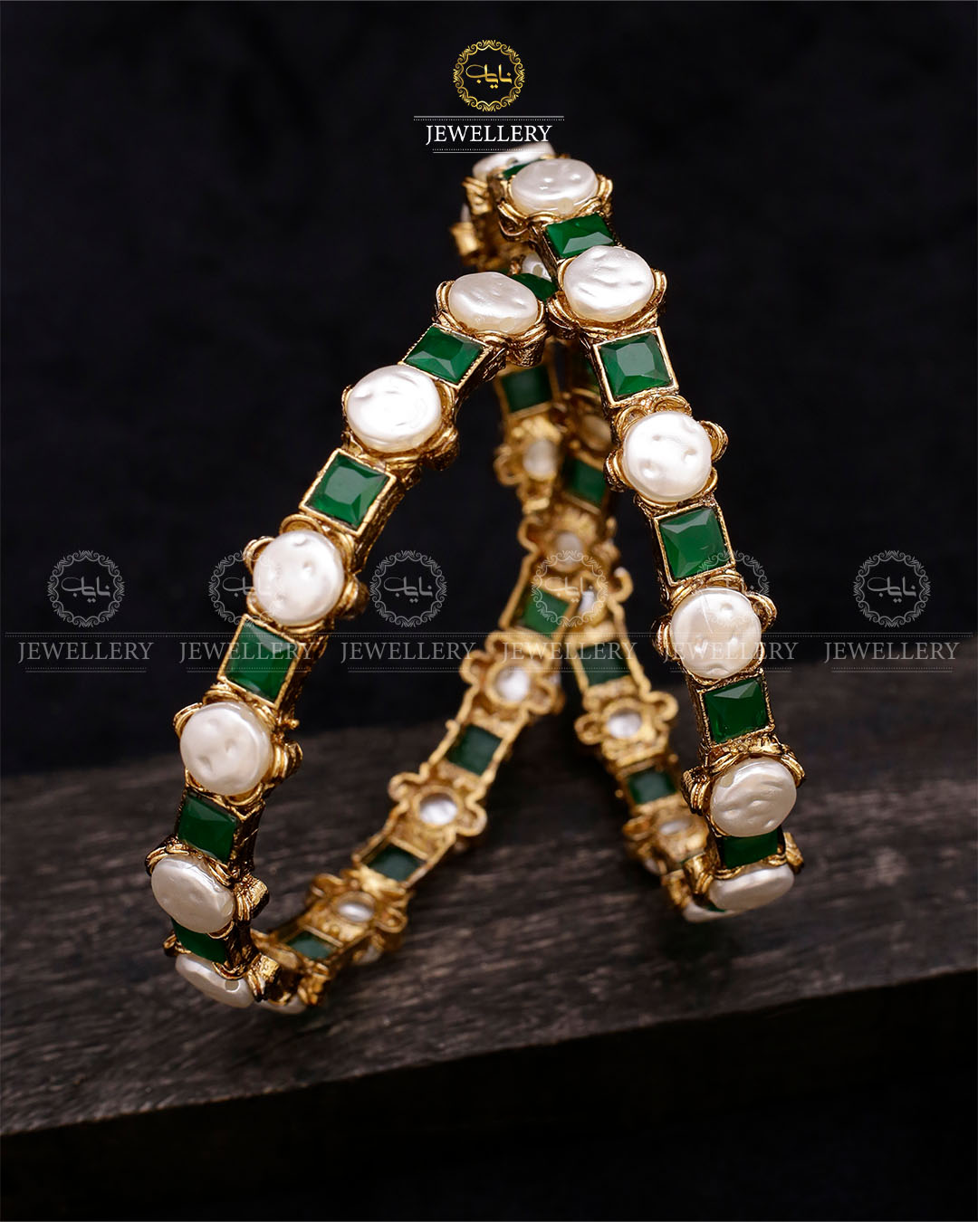 Mother Pearl Bangles (Pair)-2636-Green Nayab Jewellery