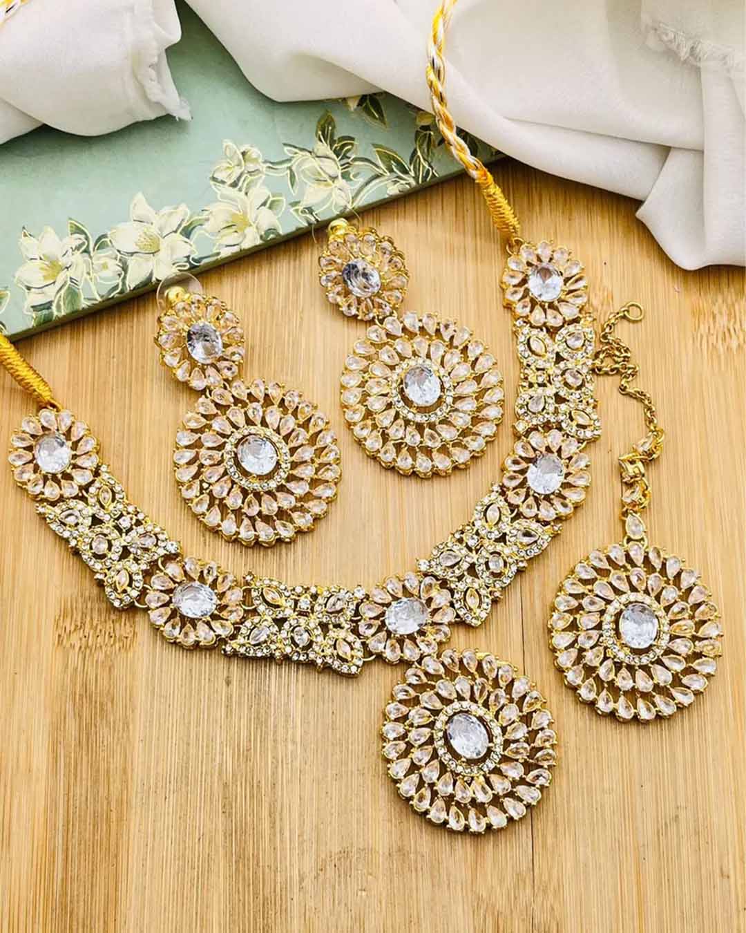 Rose Zarcon Necklace set with Tika-2286-Golden Nayab Jewellery