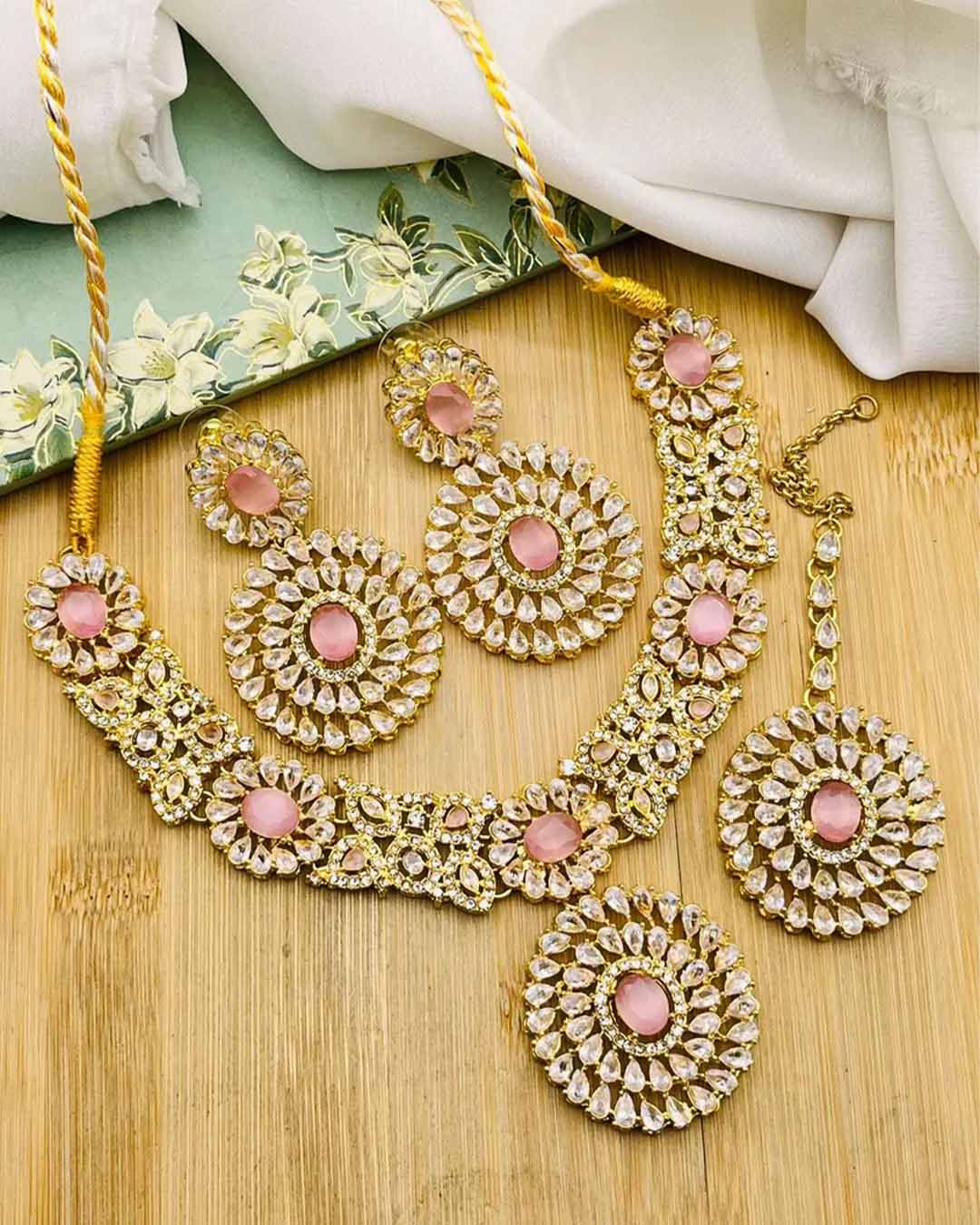 Rose Zarcon Necklace set with Tika-2286-Golden Nayab Jewellery