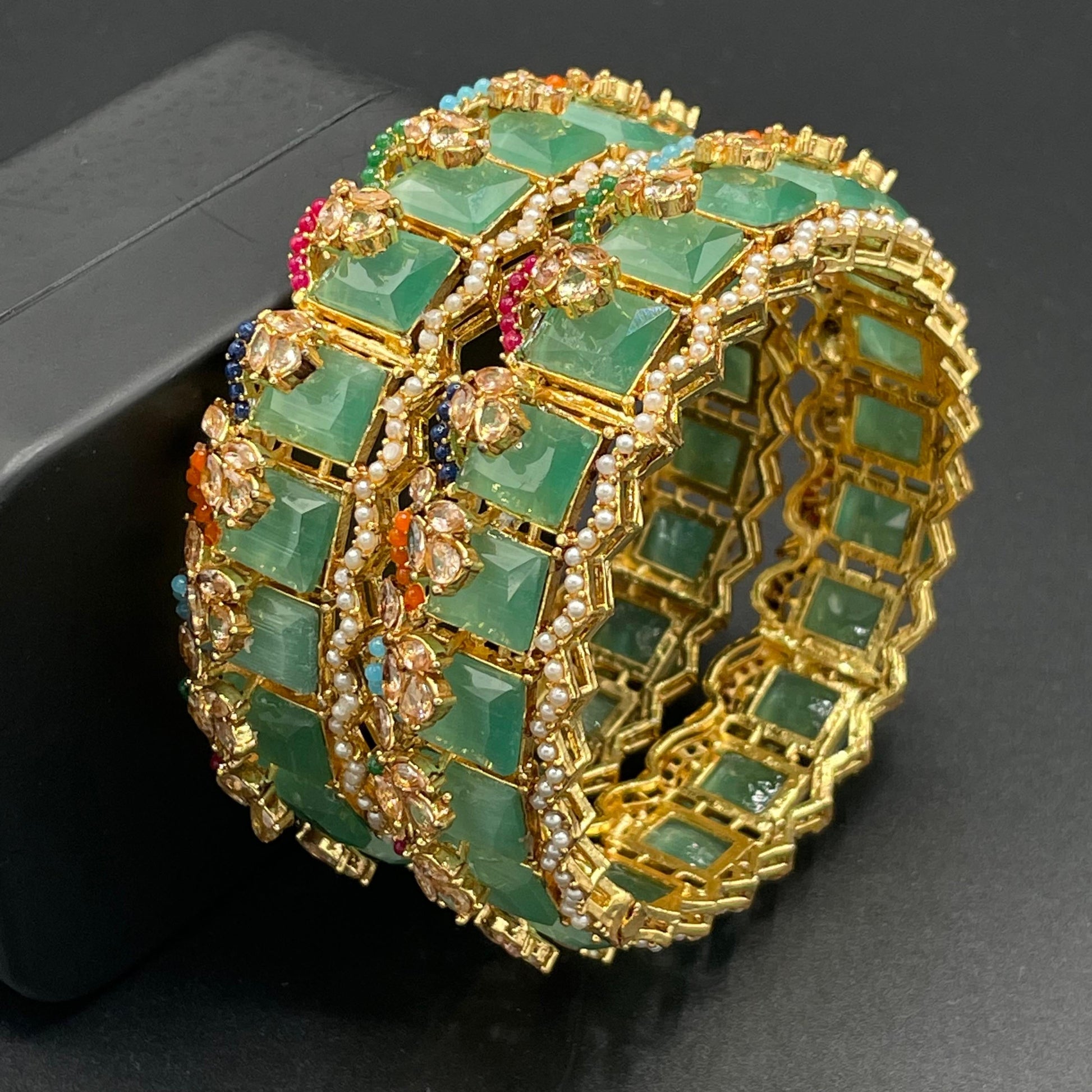 Turkish Square Stone Openable Bangles (pair)-2460-Golden Nayab Jewellery