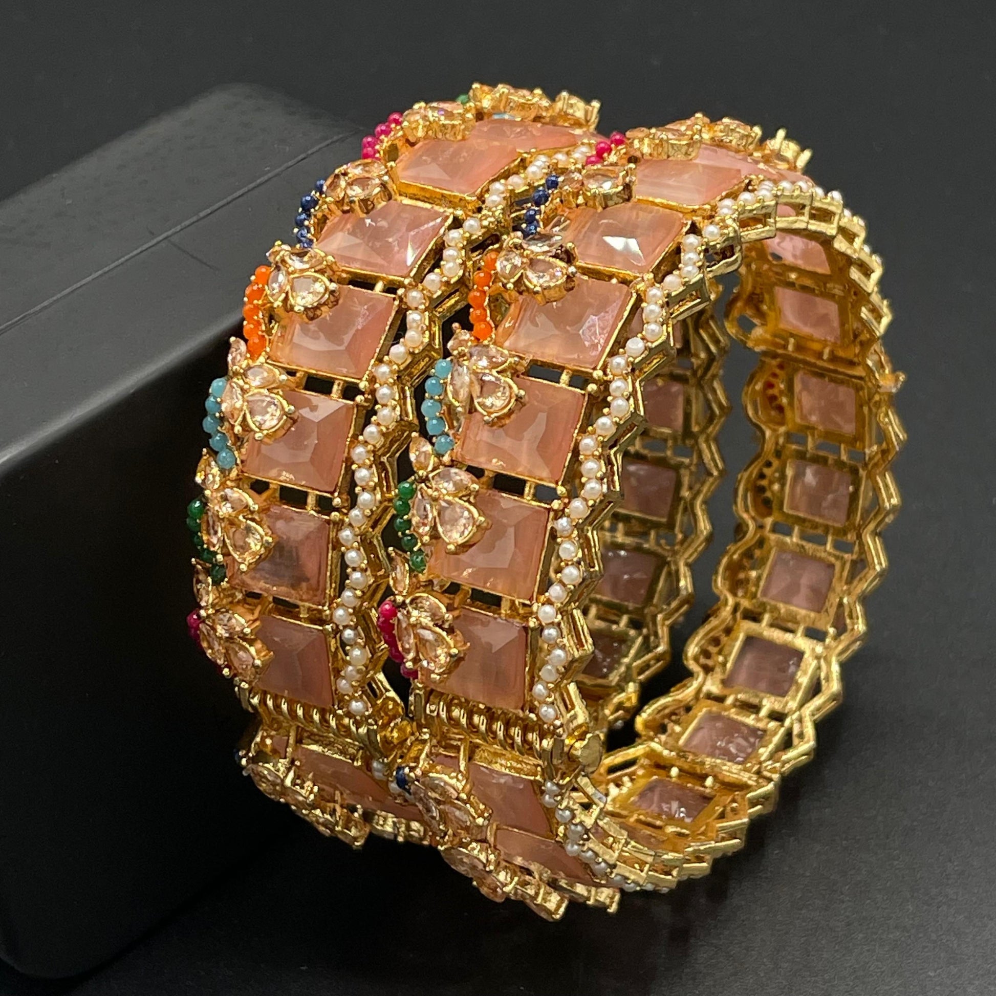 Turkish Square Stone Openable Bangles (pair)-2460-Golden Nayab Jewellery