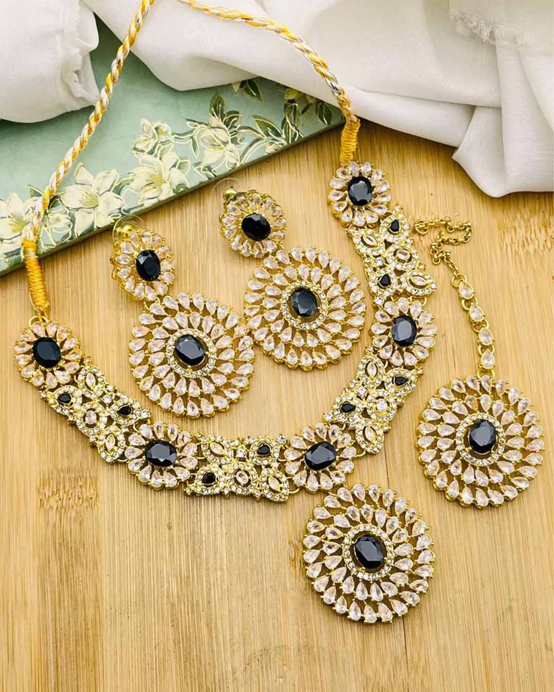 Rose Zarcon Necklace set with Tika-2286-Golden Nayab Jewellery