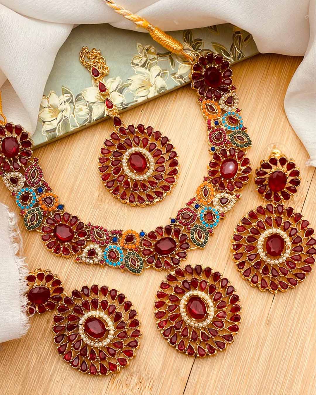 Rose Zarcon Necklace set with Tika-2286-Golden Nayab Jewellery