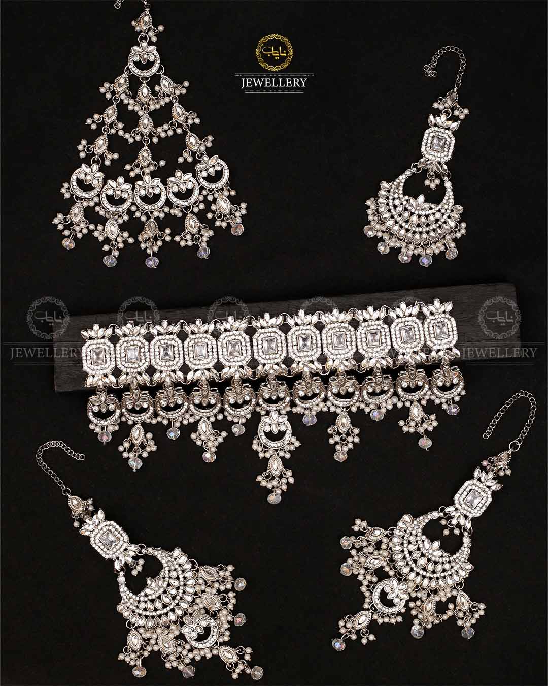 Azzaro Kundan 5 pcs Bridal set-2114-Silver Nayab Jewellery