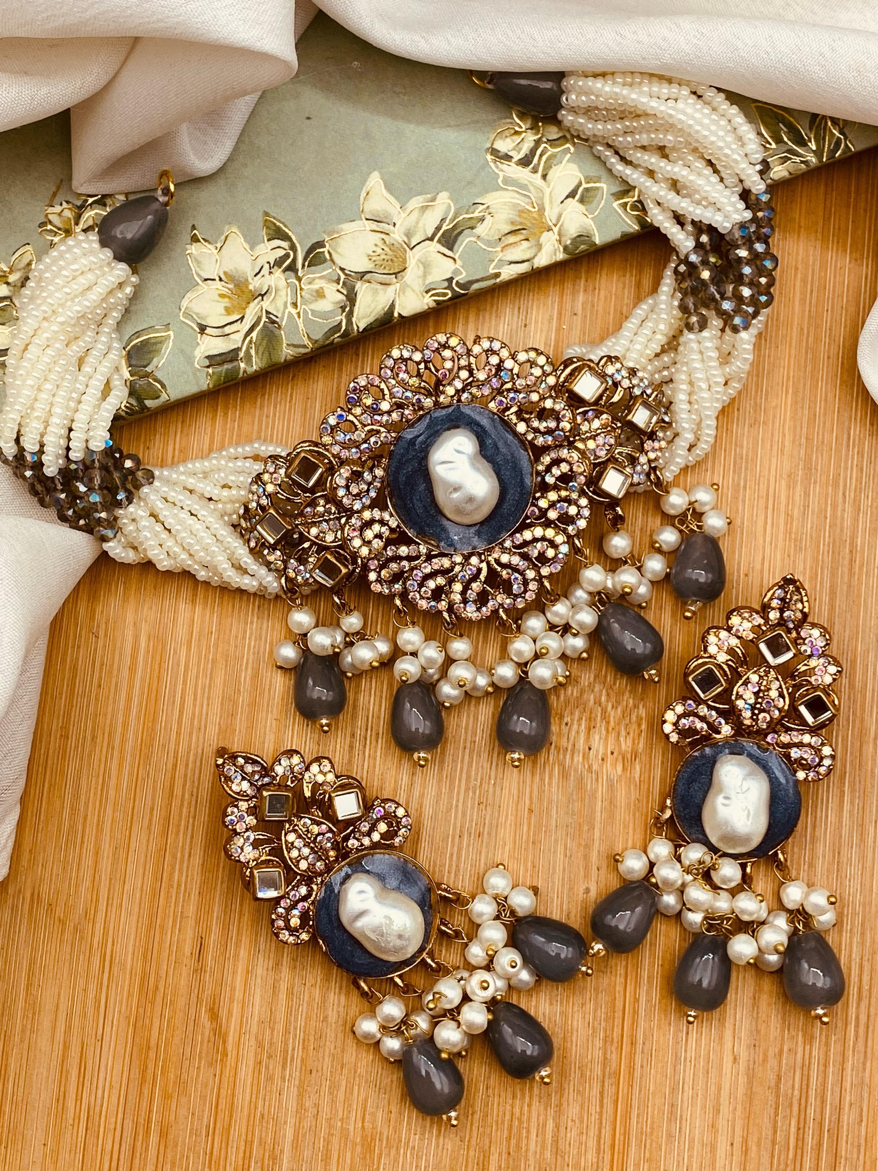 Turkish Mother Pearl Chokar Set-2696 Nayab Jewellery