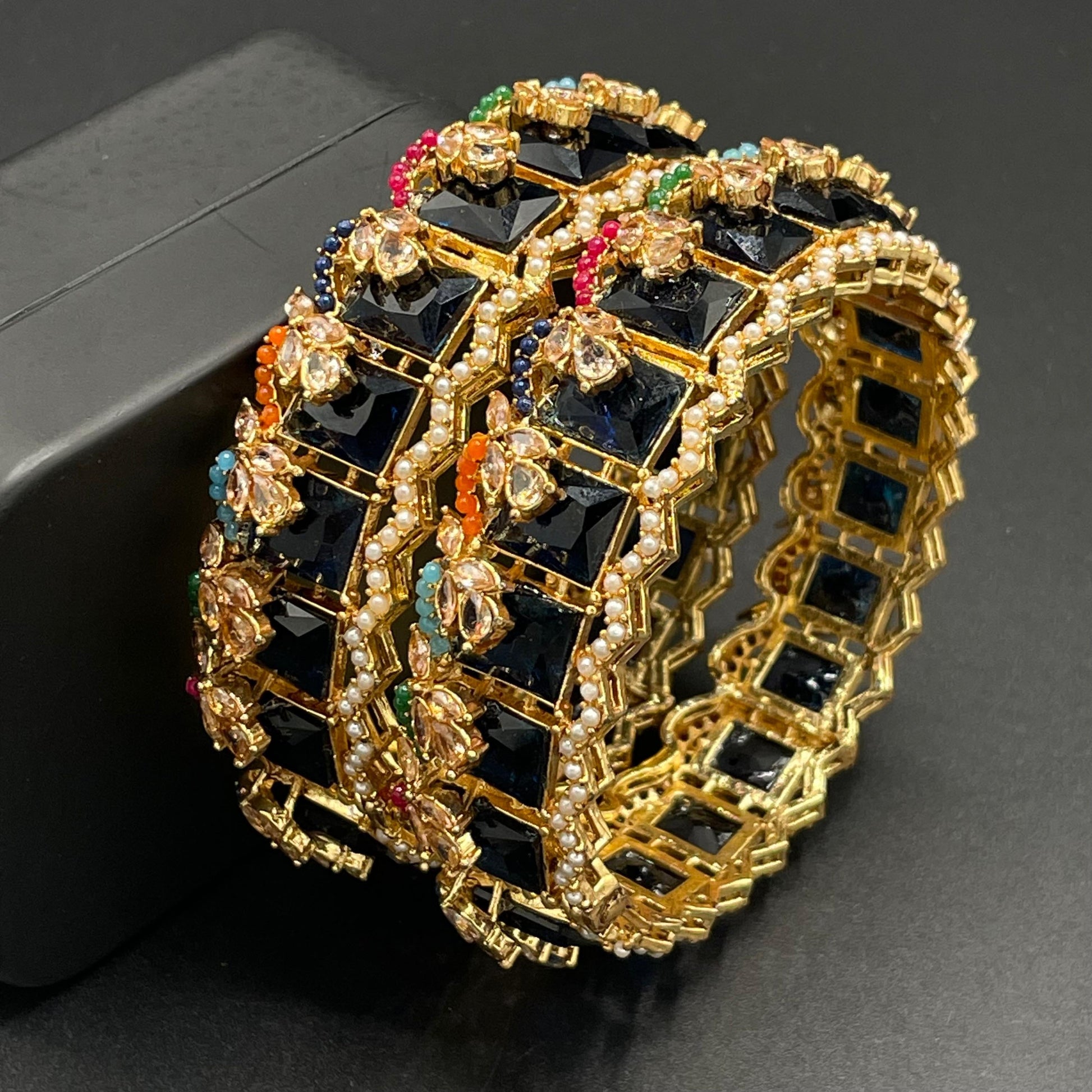 Turkish Square Stone Openable Bangles (pair)-2460-Golden Nayab Jewellery