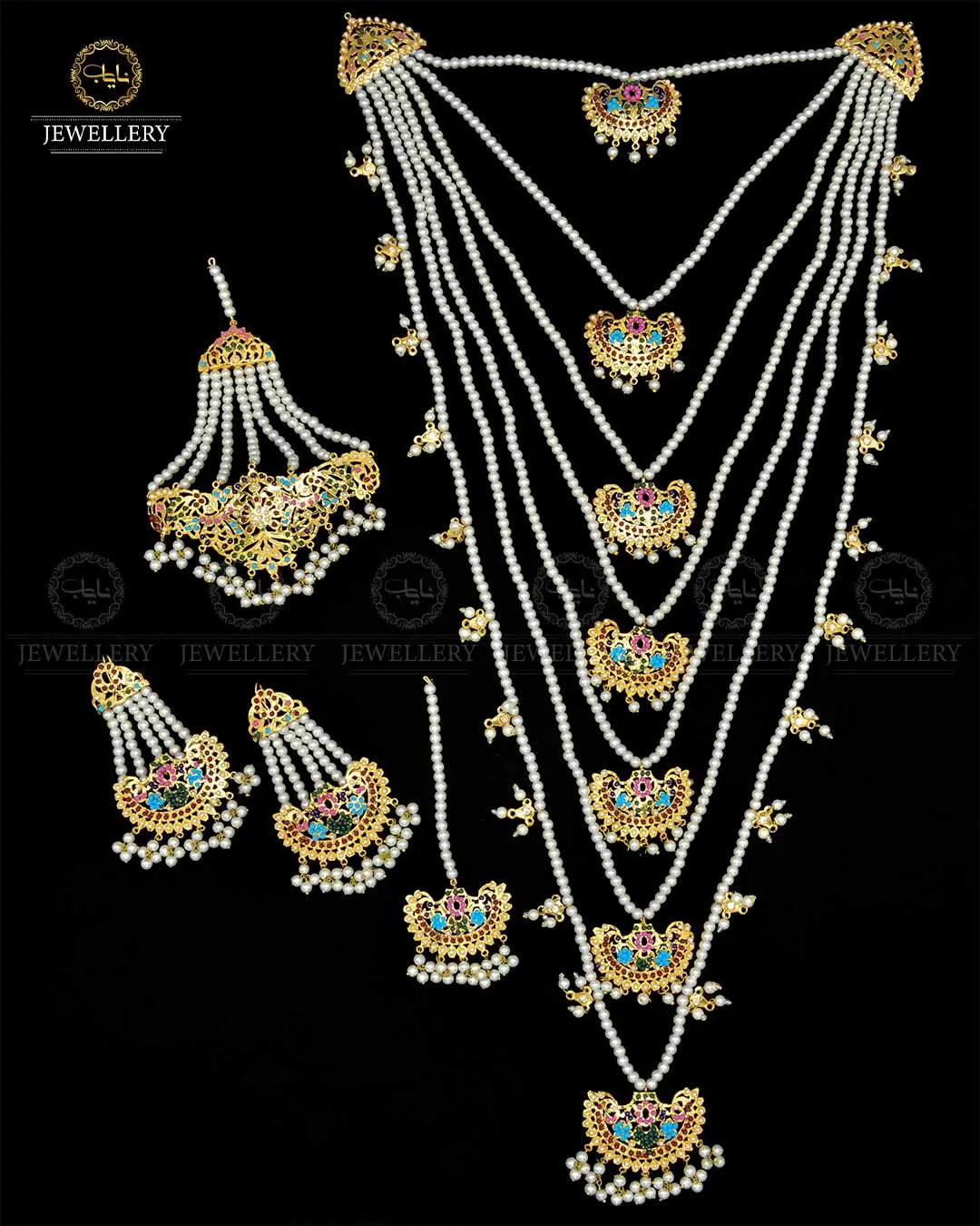 Hyedrabadi 7 lara Bridal Long Mala set with Tika & Jhomer NJ-1905 Nayab Jewellery