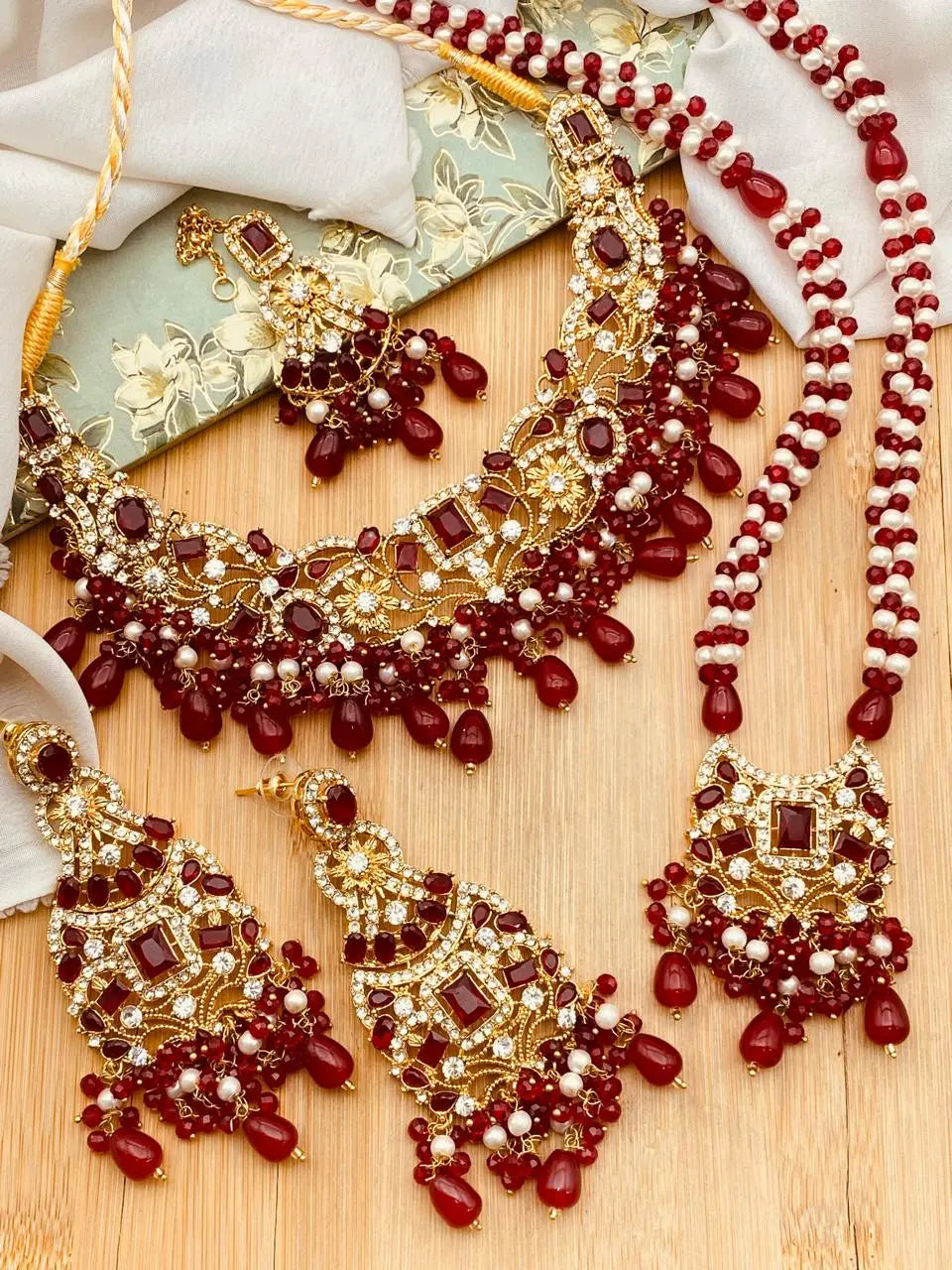 Warda Zirconia Double Bridal set-2381-Golden Nayab Jewellery