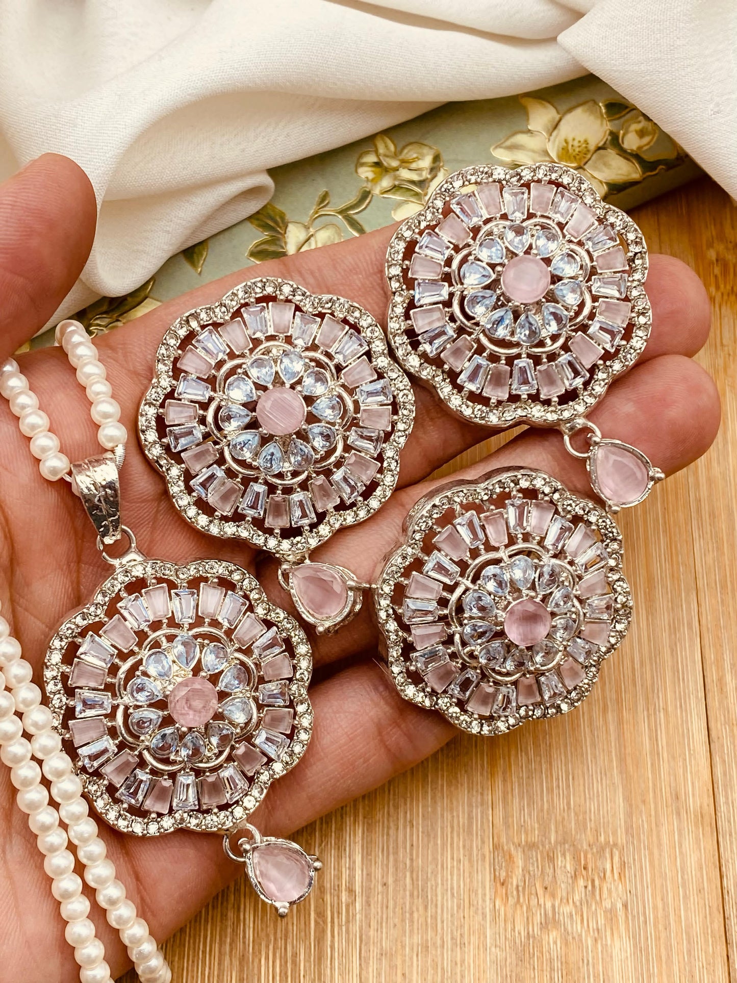 Zirconia Flower Locket Combo set with Mala-2458-Silver Nayab Jewellery