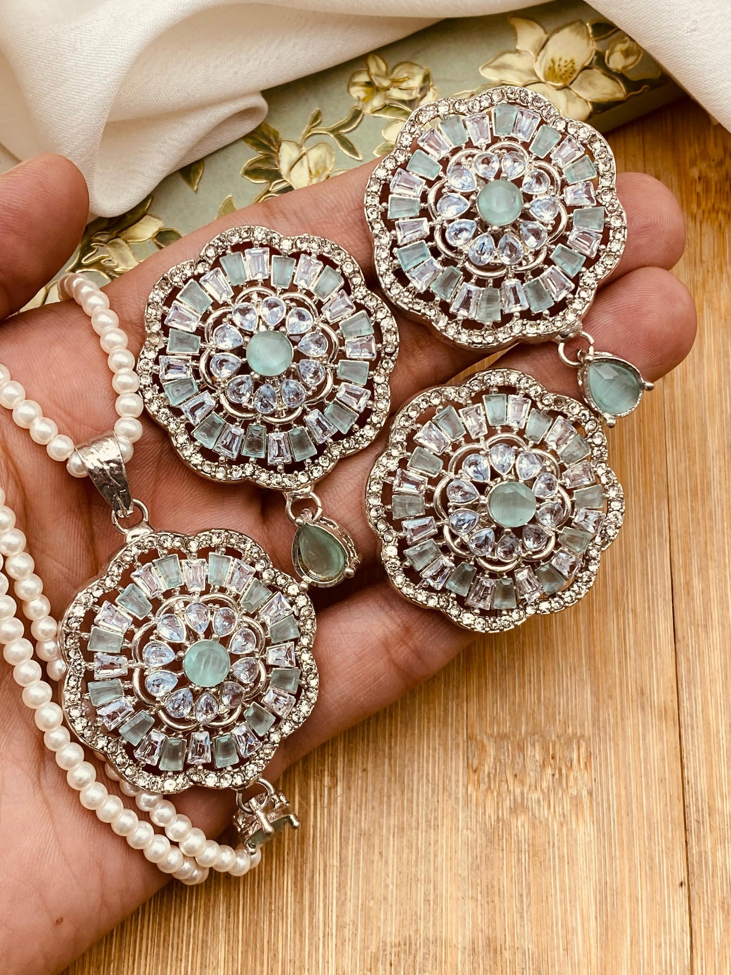 Zirconia Flower Locket Combo set with Mala-2458-Silver Nayab Jewellery