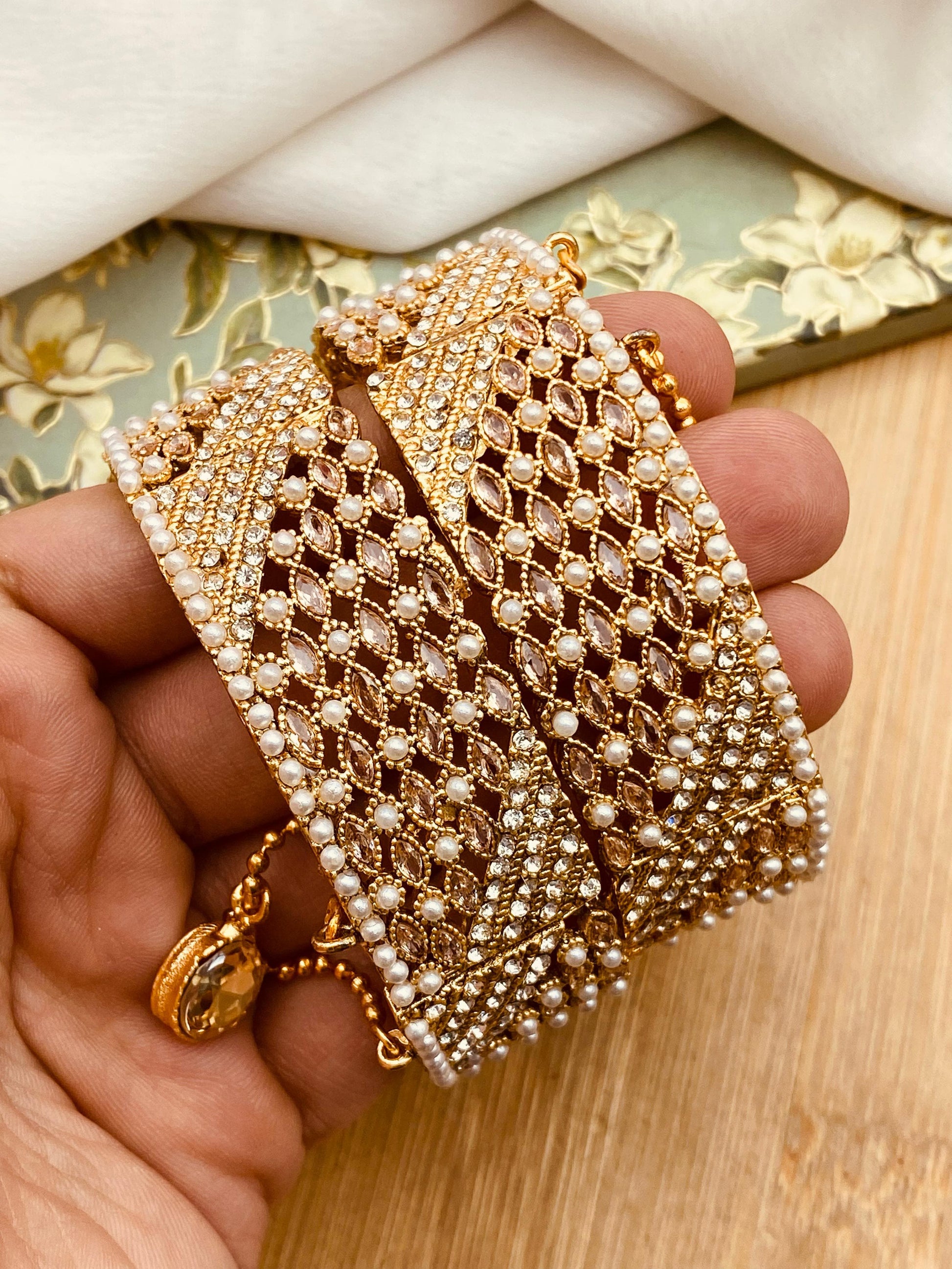 Pearl Zarcon Openable Bangles (pair)-2502-Silver (Copy) Nayab Jewellery