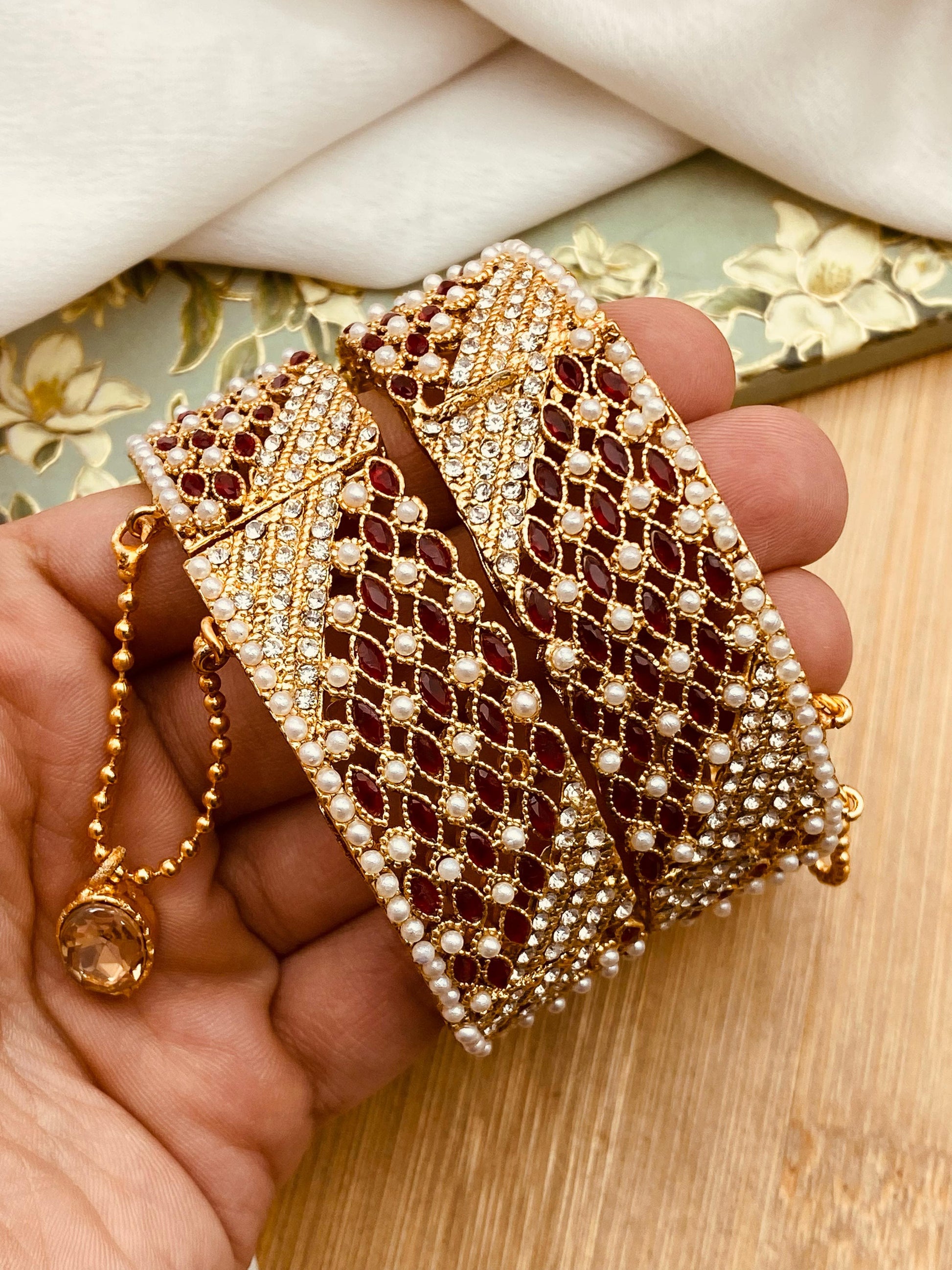 Pearl Zarcon Openable Bangles (pair)-2502-Silver (Copy) Nayab Jewellery