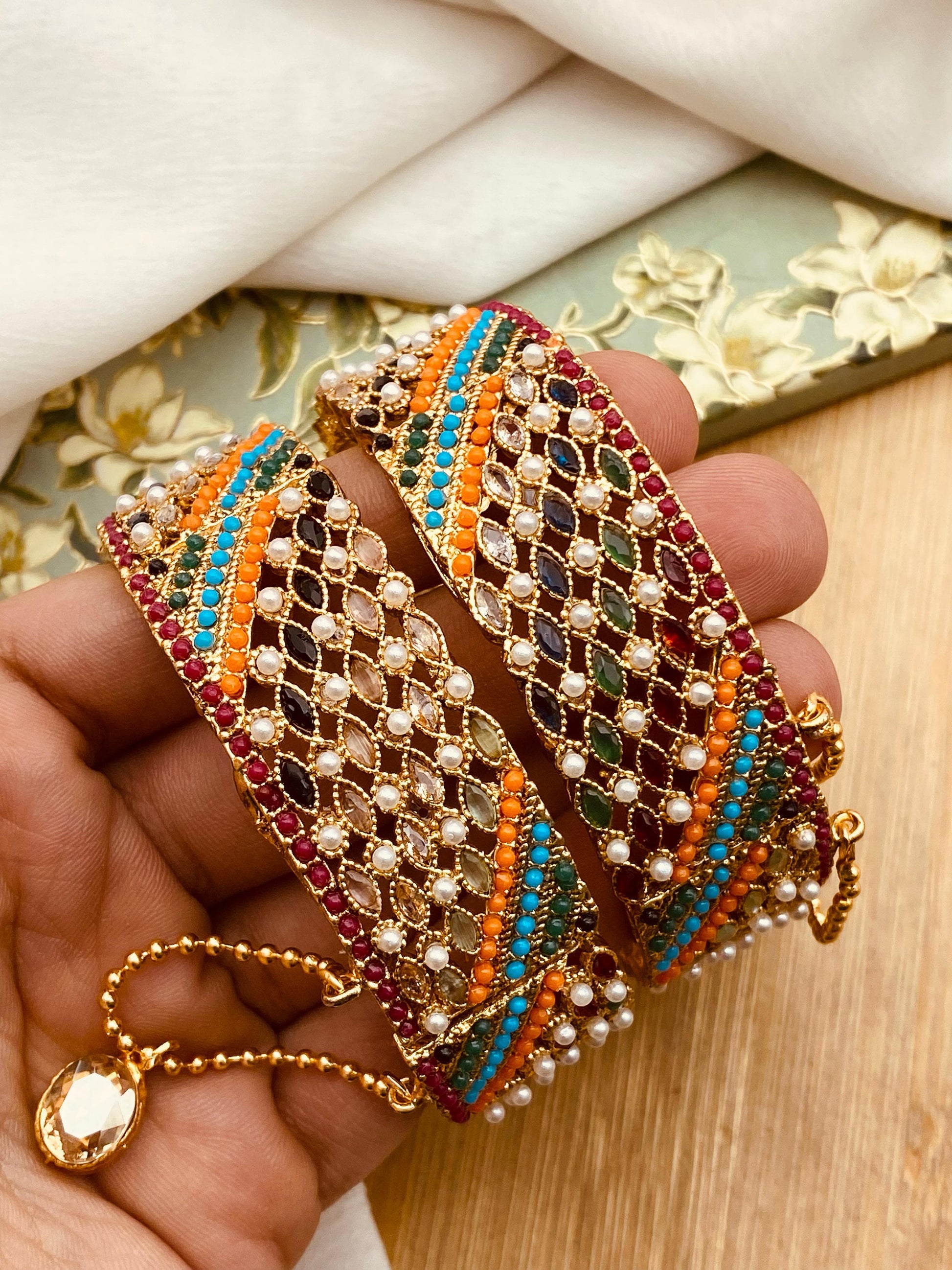 Pearl Zarcon Openable Bangles (pair)-2502-Silver (Copy) Nayab Jewellery