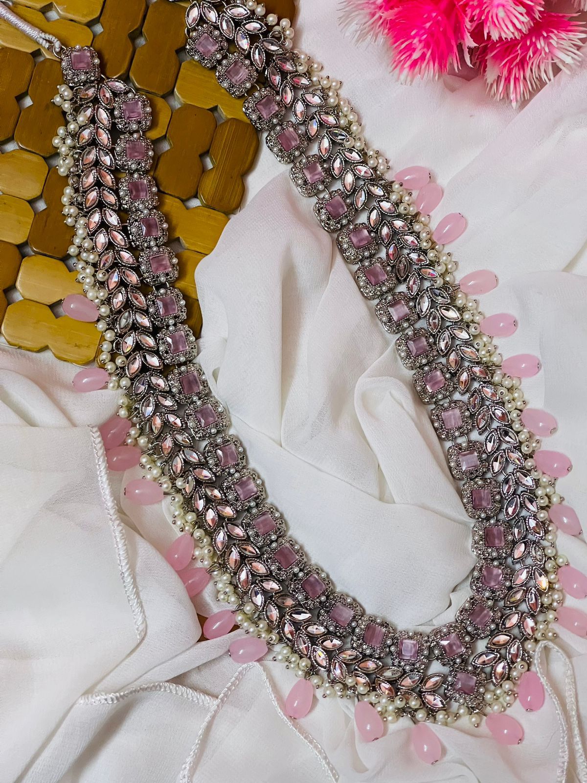 Kundan Long Bridal Mala (without Earrings)-2578-Silver Nayab Jewellery
