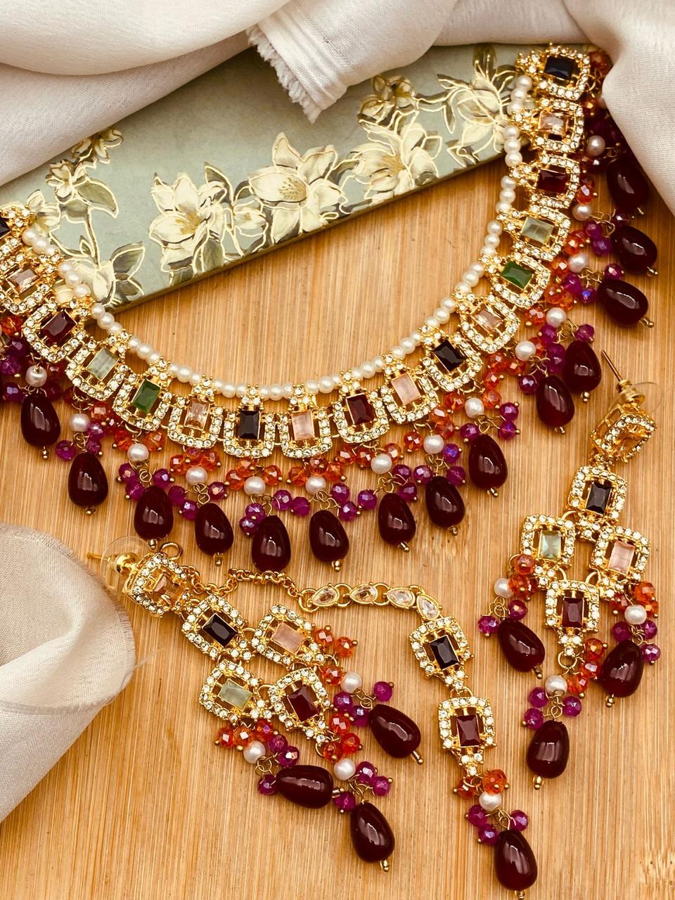 Iqra Zirconia Necklace -2751-Golden Nayab Jewellery