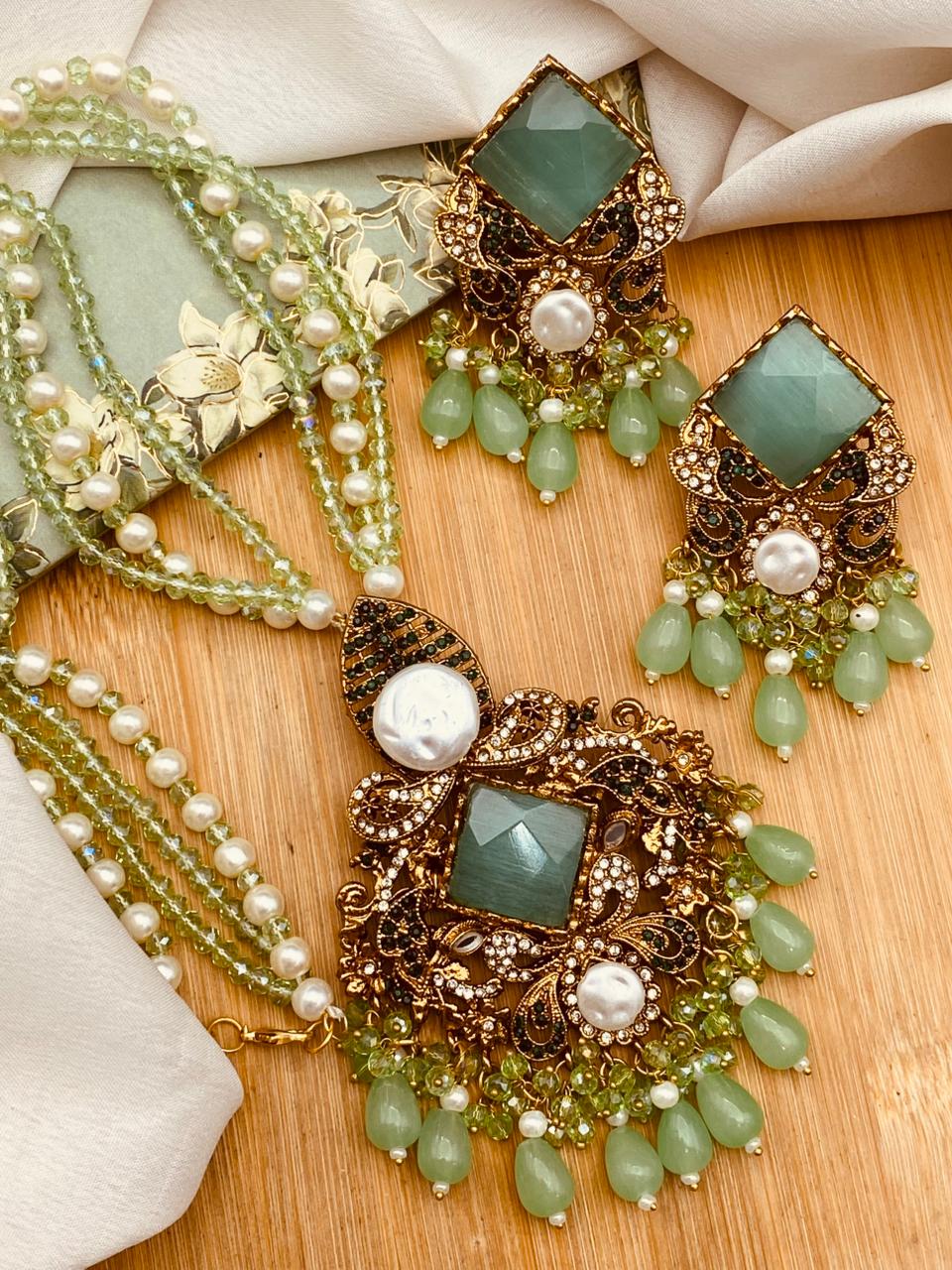 Mother Pearl Turkish Dimond Cut Mala Set-2755 Nayab Jewellery