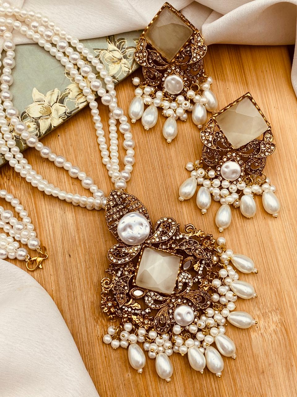 Mother Pearl Turkish Dimond Cut Mala Set-2755 Nayab Jewellery