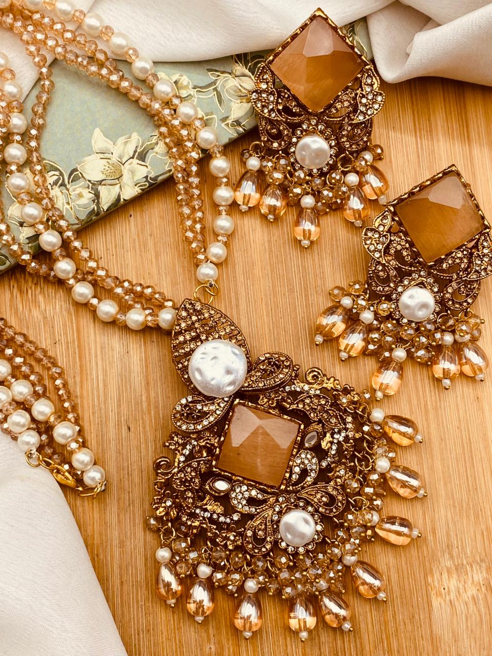 Mother Pearl Turkish Dimond Cut Mala Set-2755 Nayab Jewellery