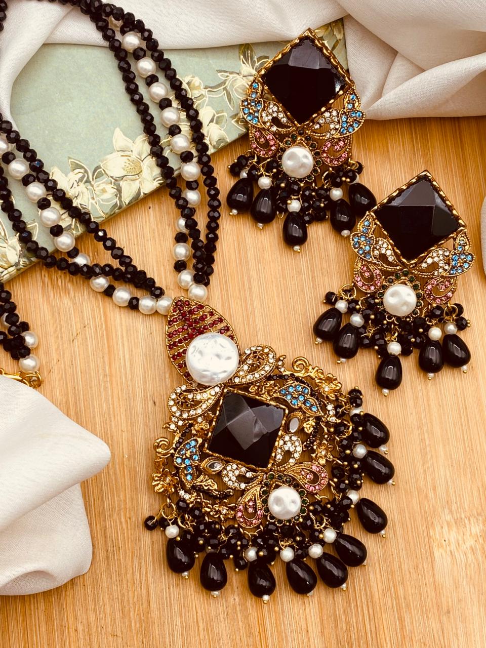 Mother Pearl Turkish Dimond Cut Mala Set-2755 Nayab Jewellery