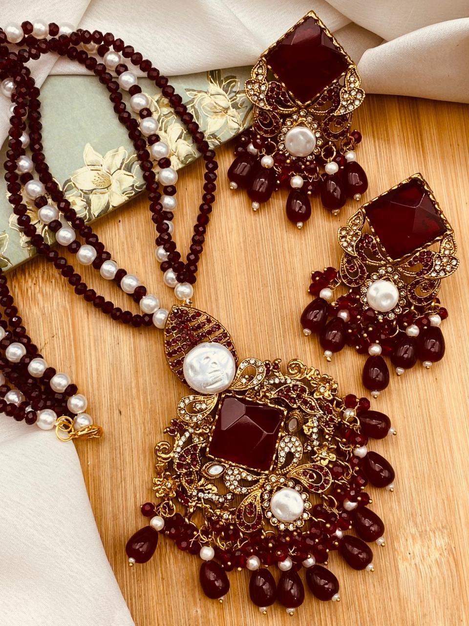 Mother Pearl Turkish Dimond Cut Mala Set-2755 Nayab Jewellery