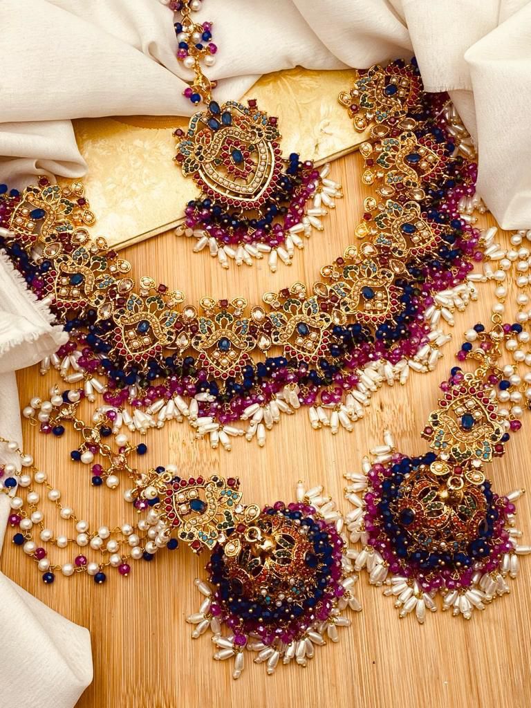 Noratan Bridal Necklace set with Sahara jhumka Tika-2821 Nayab Jewellery