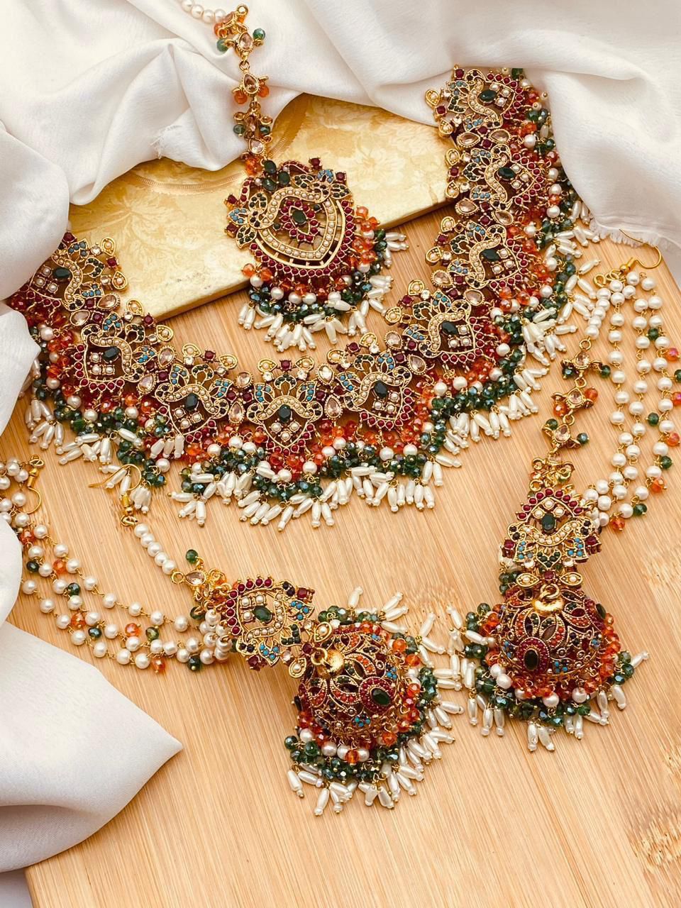 Noratan Bridal Necklace set with Sahara jhumka Tika-2821 Nayab Jewellery