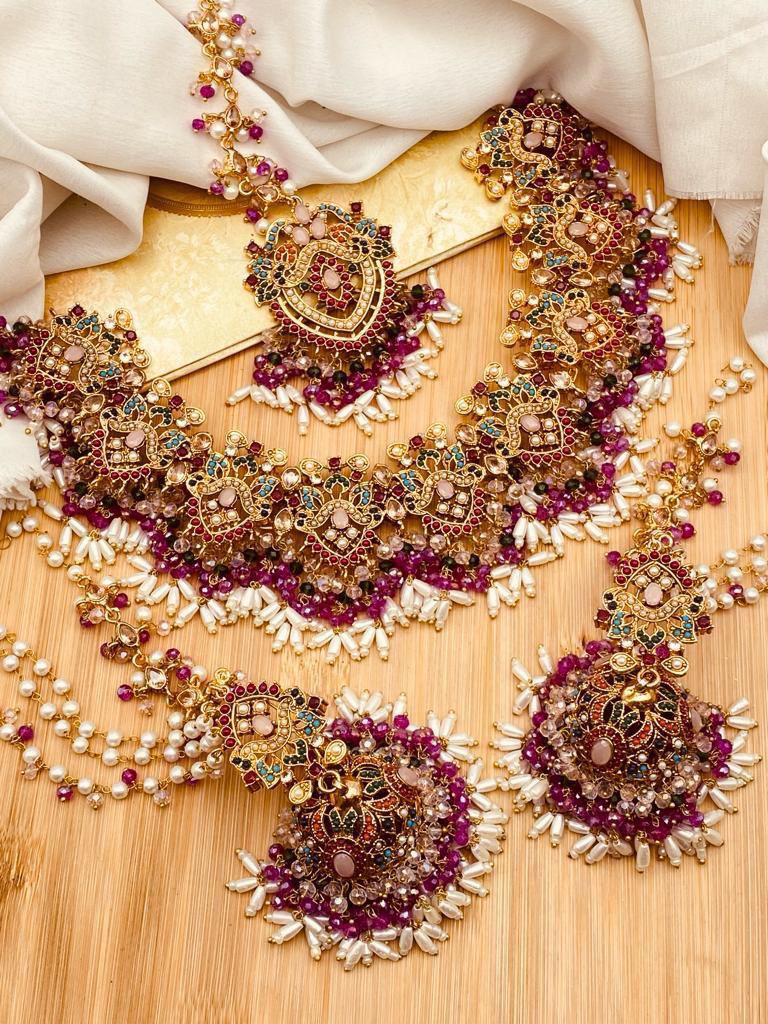 Noratan Bridal Necklace set with Sahara jhumka Tika-2821 Nayab Jewellery