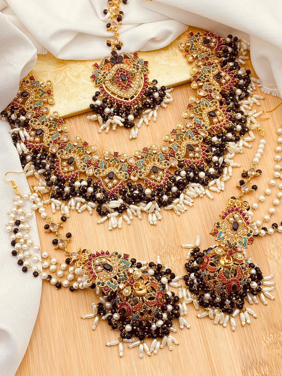 Noratan Bridal Necklace set with Sahara jhumka Tika-2821 Nayab Jewellery