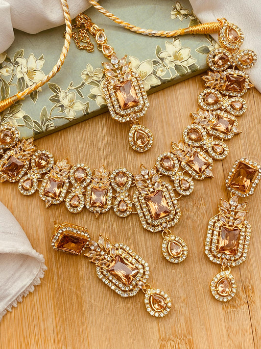 Zirconia Doublet stones Necklace set-2572-Golden