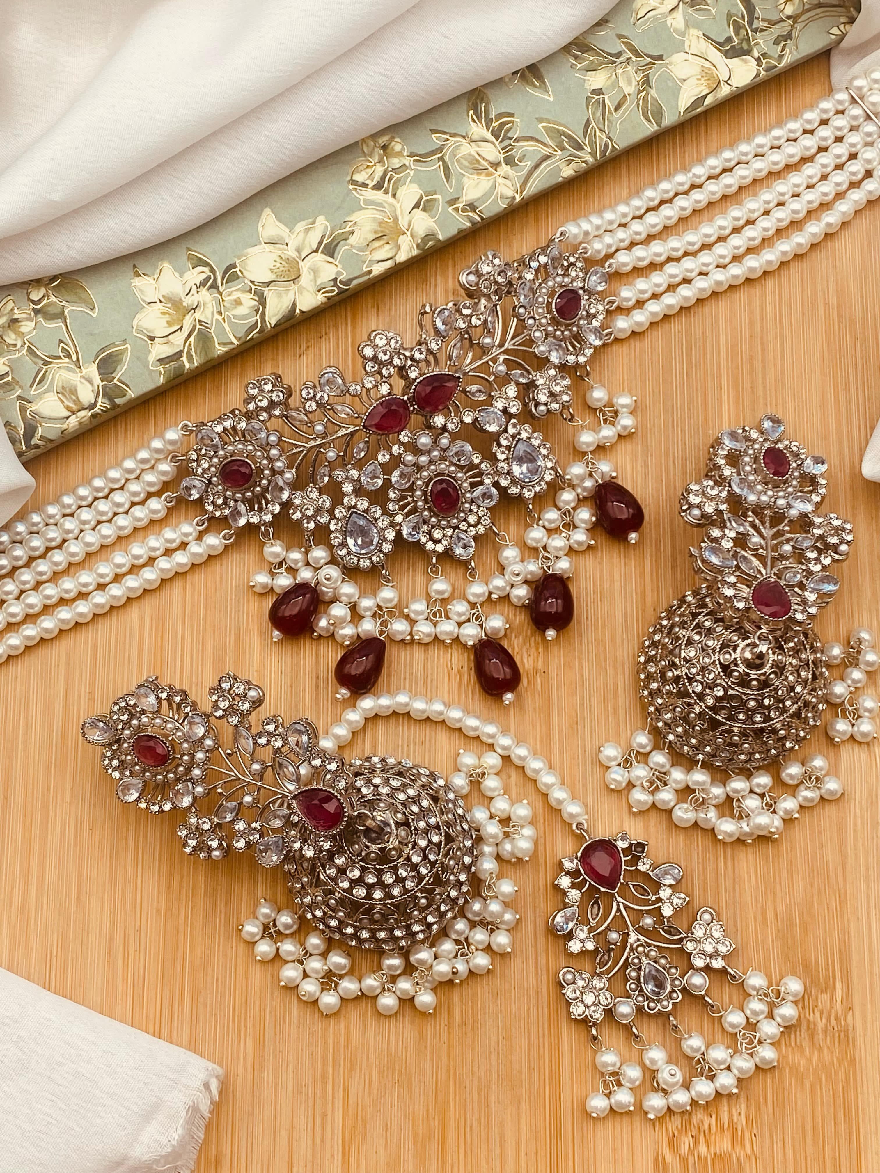 Zarcon Chokar set with Jhmka Tika NJ-1420-Silver Nayab Jewellery