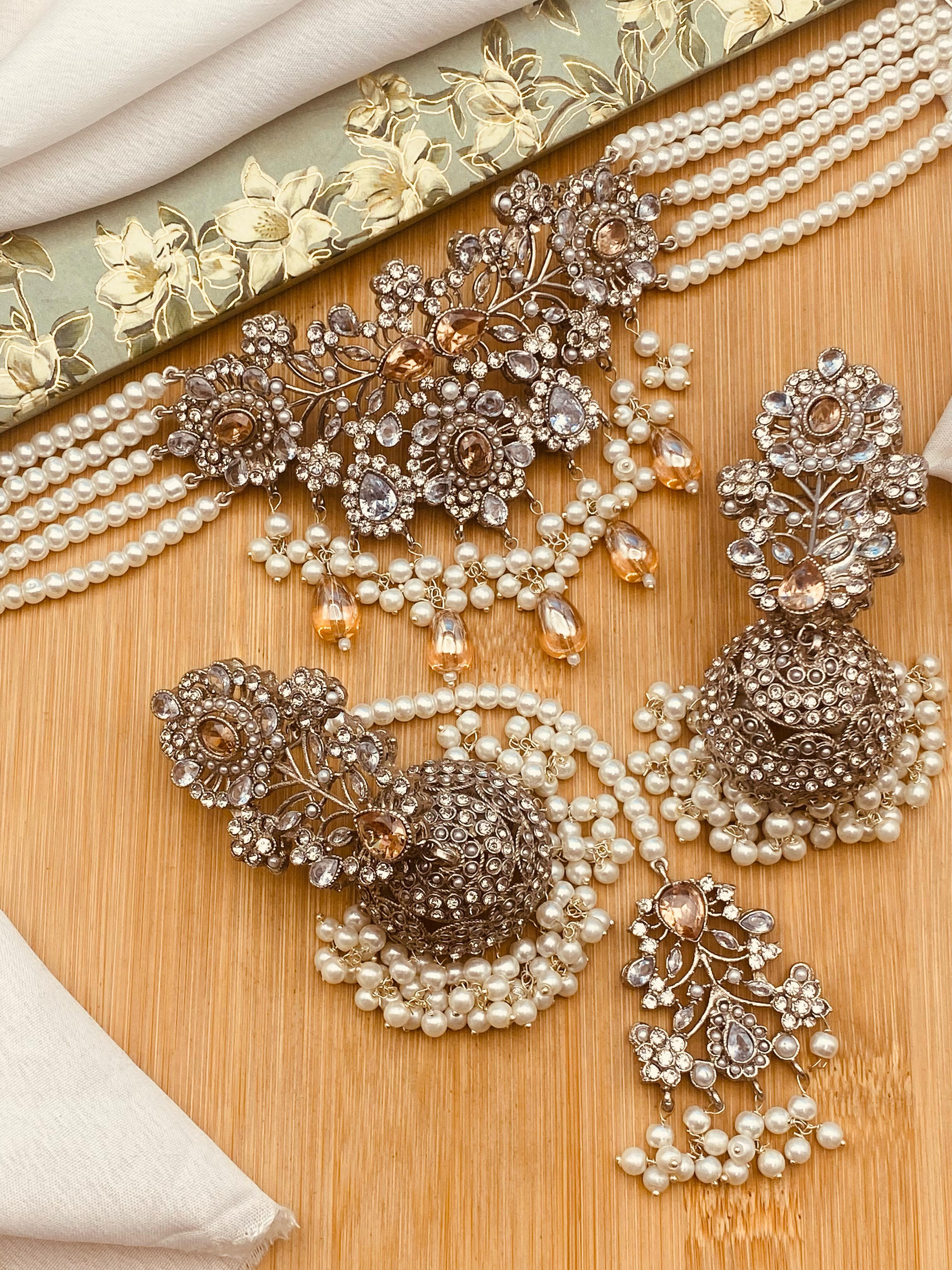 Zarcon Chokar set with Jhmka Tika NJ-1420-Silver Nayab Jewellery