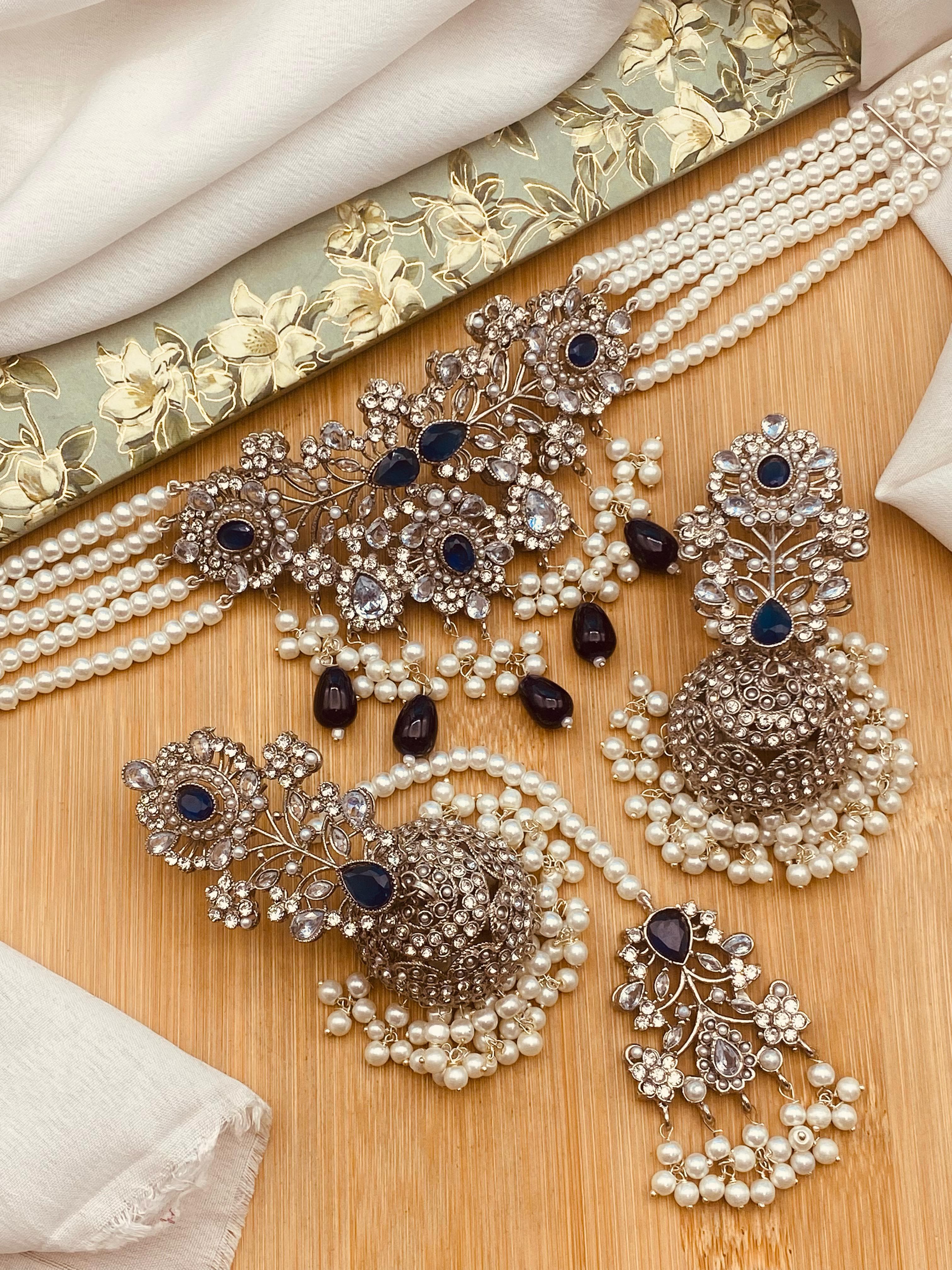 Zarcon Chokar set with Jhmka Tika NJ-1420-Silver Nayab Jewellery