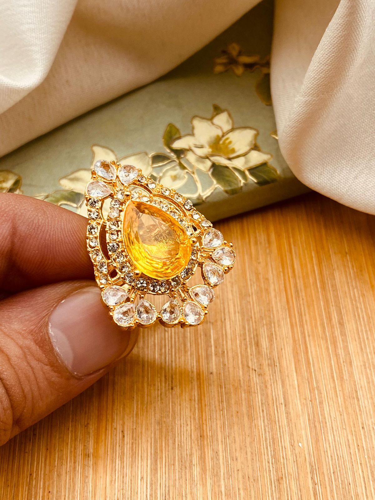 Zirconia Almond Ring (Adjustable)-2844-Golden