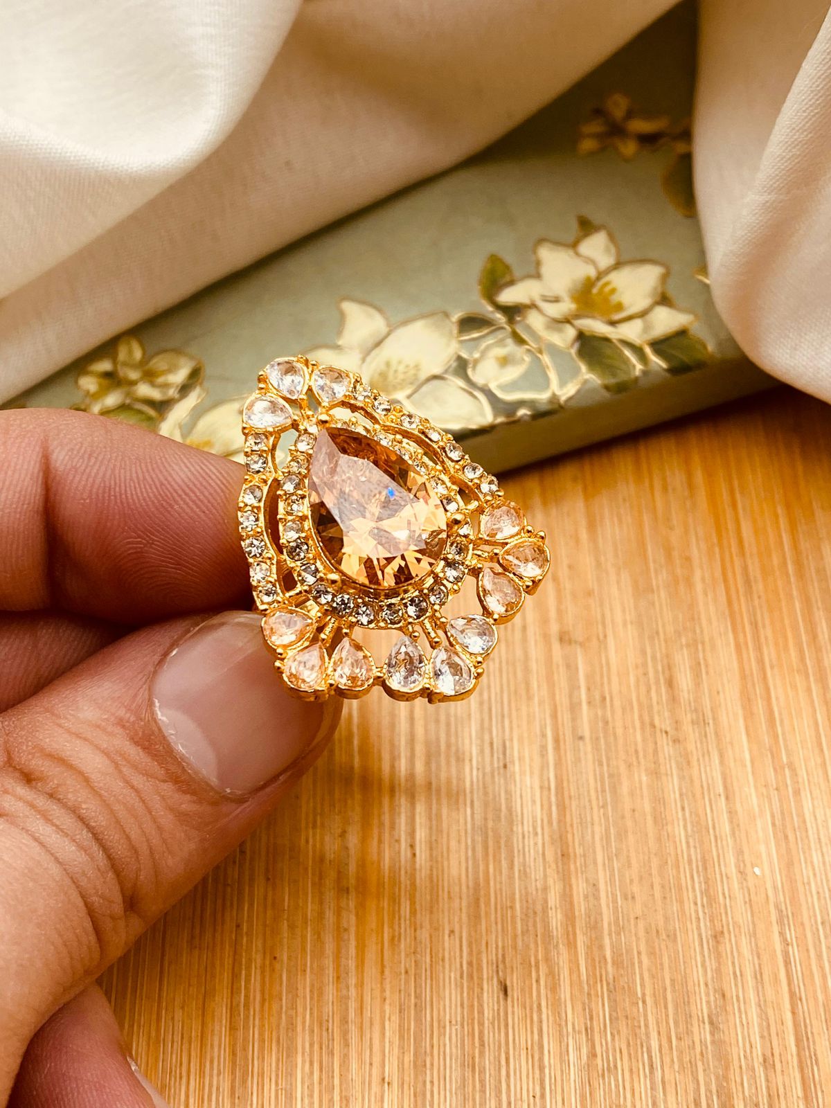 Zirconia Almond Ring (Adjustable)-2844-Golden
