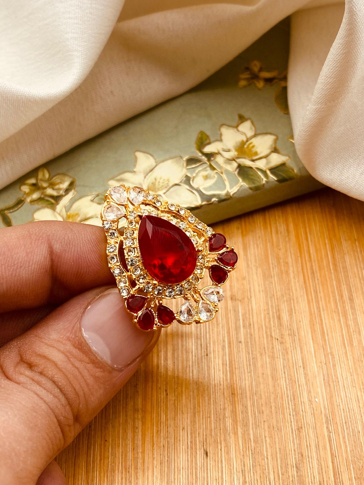 Zirconia Almond Ring (Adjustable)-2844-Golden