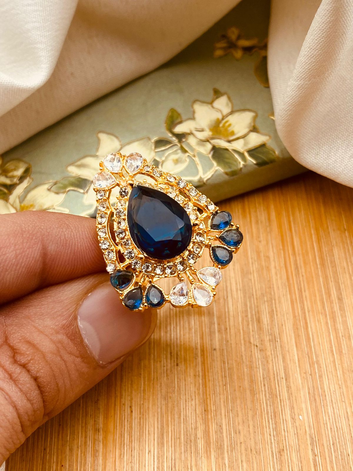 Zirconia Almond Ring (Adjustable)-2844-Golden