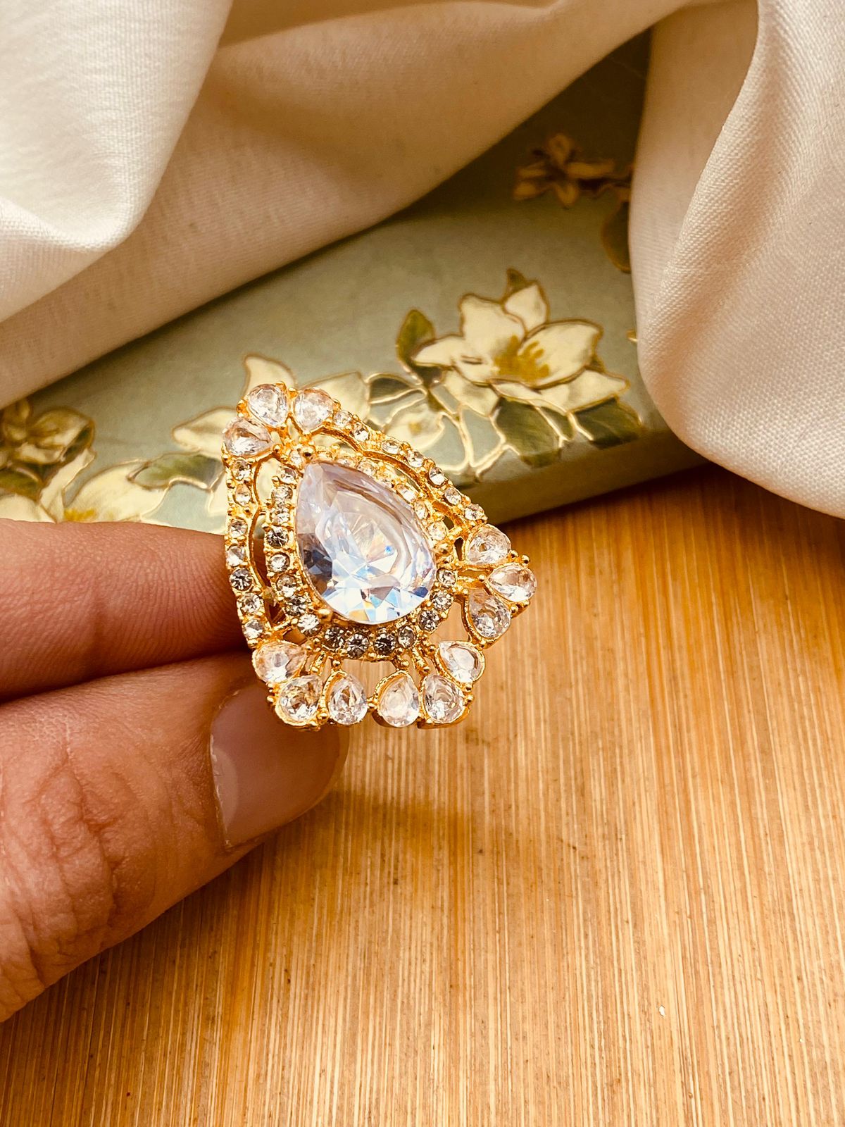 Zirconia Almond Ring (Adjustable)-2844-Golden