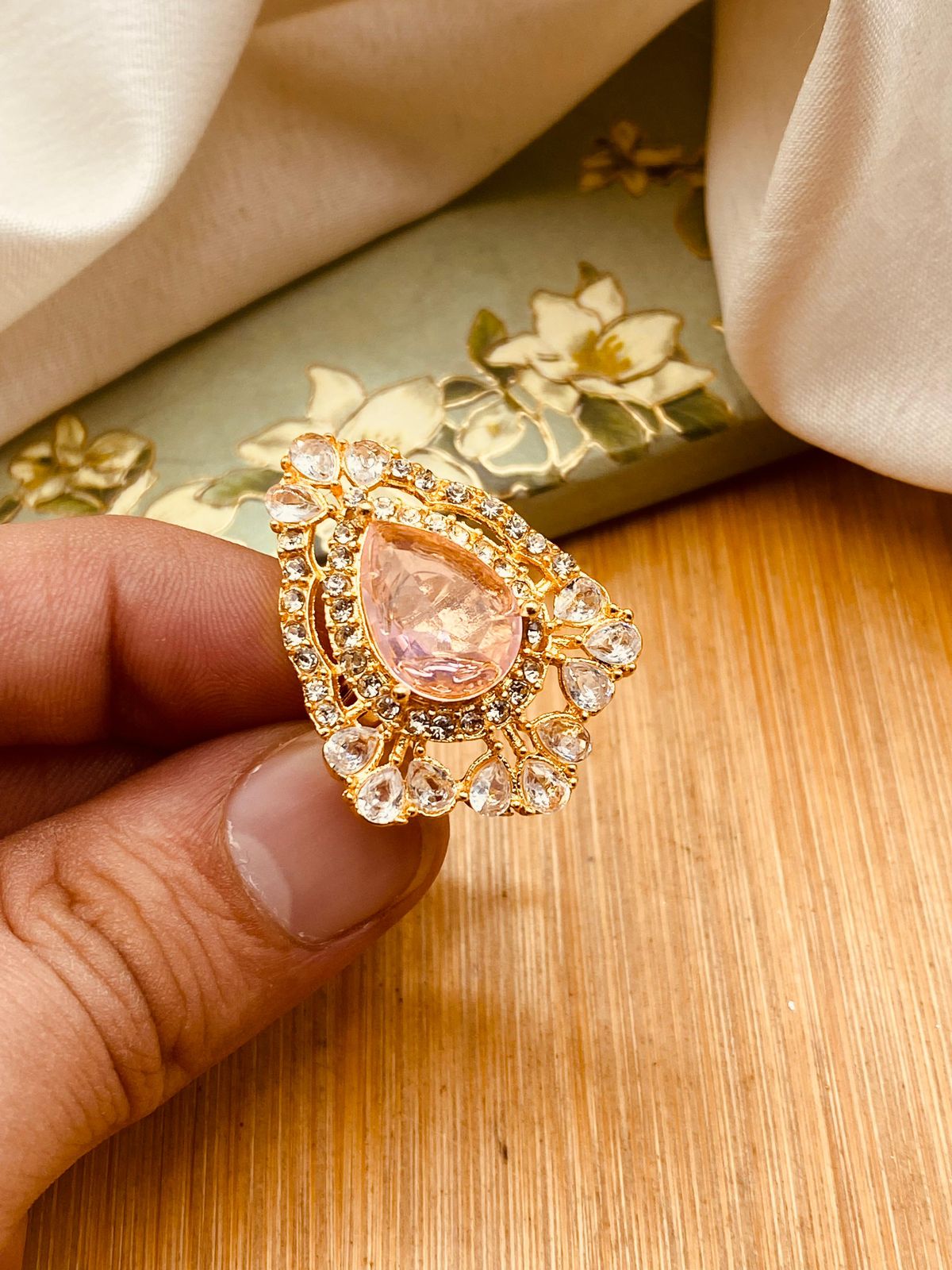 Zirconia Almond Ring (Adjustable)-2844-Golden
